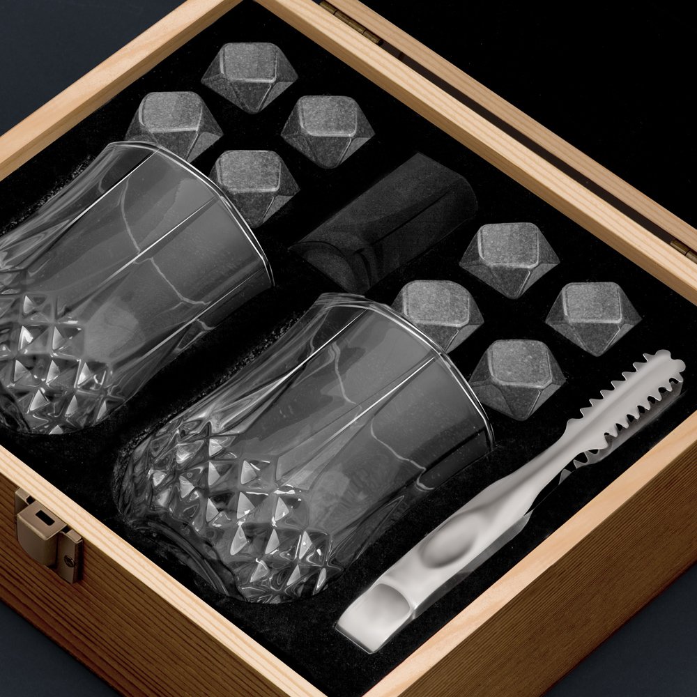 Murrano Whisky Stone Set with 2 Glasses in Personalized Box