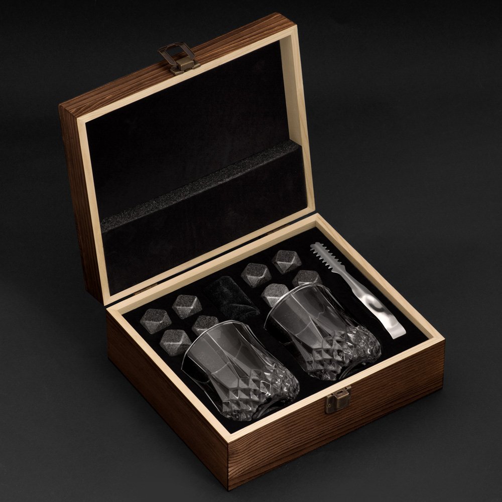 Murrano Whisky Stone Set with 2 Glasses in a Custom Box