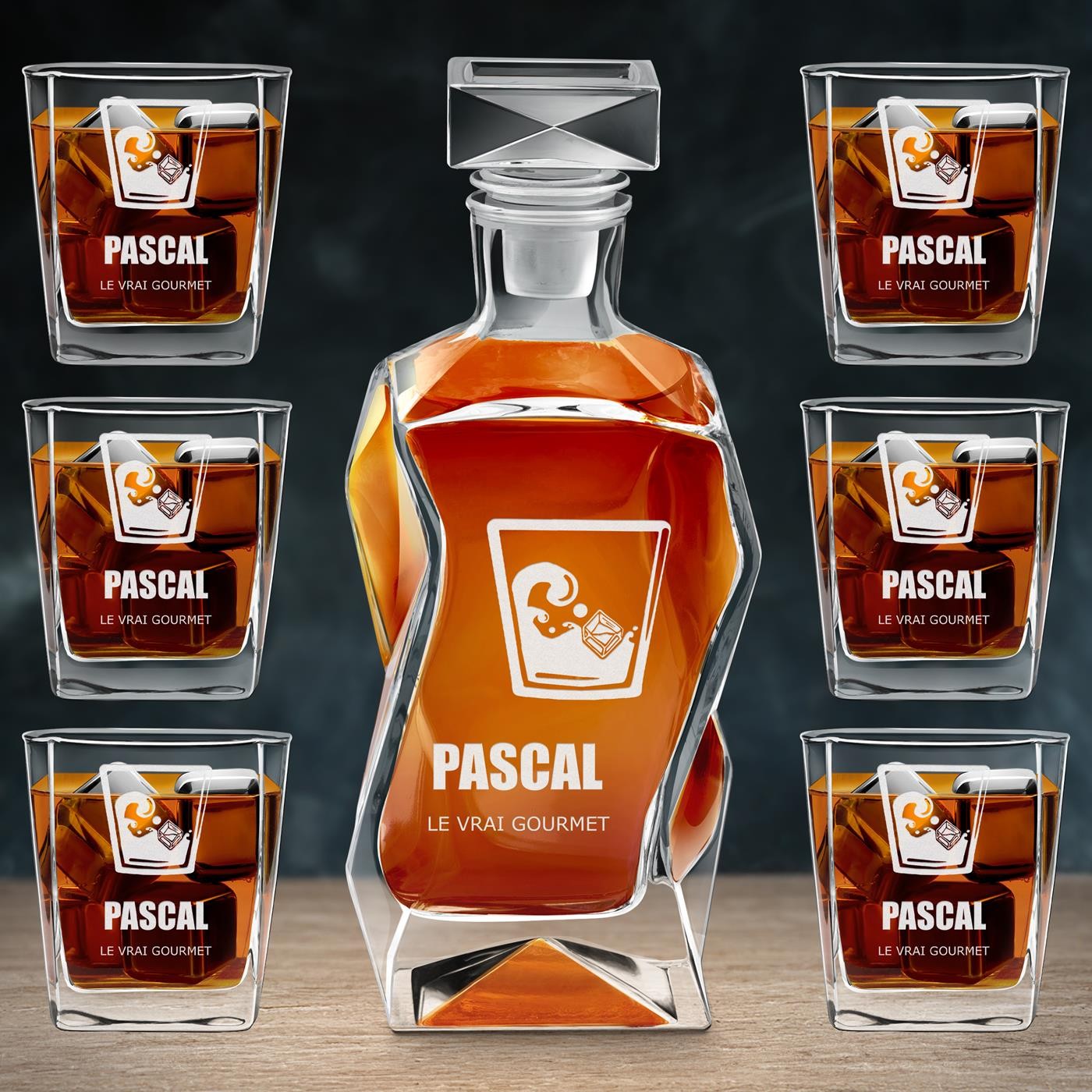 Set Murrano Decantador Curvo con Copas Personalizadas para Conosedores de Whisky
