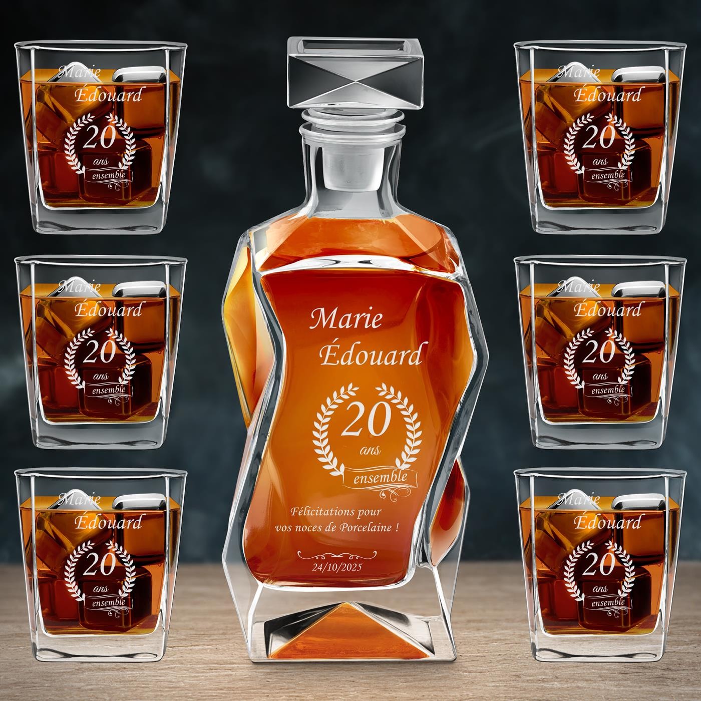 Set de decantador curvo Murrano y 6 vasos con grabado para el 20º aniversario de bodas