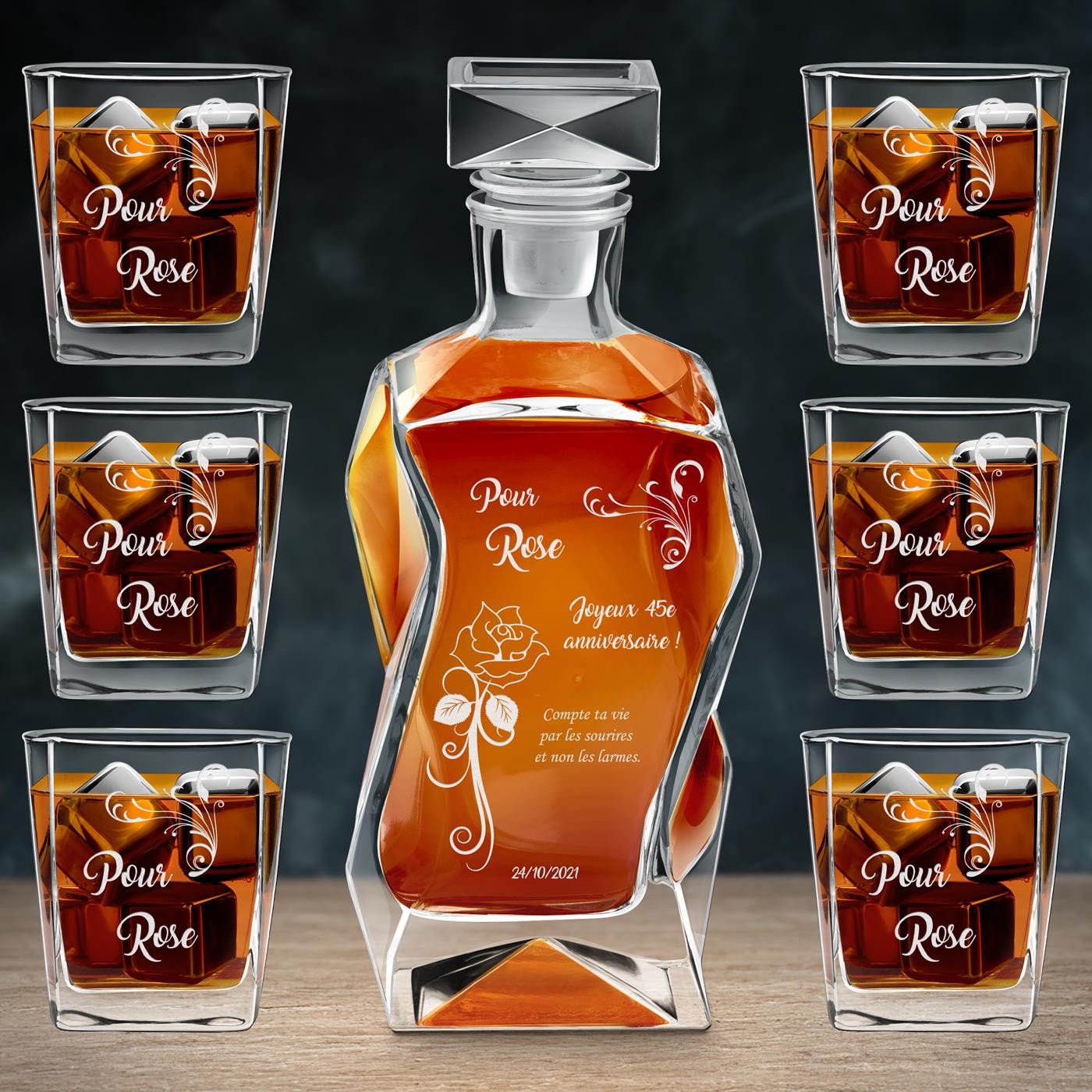 Set de cáfara curva Murrano con 6 vasos y grabado para el cumpleaños número 45 de mamá