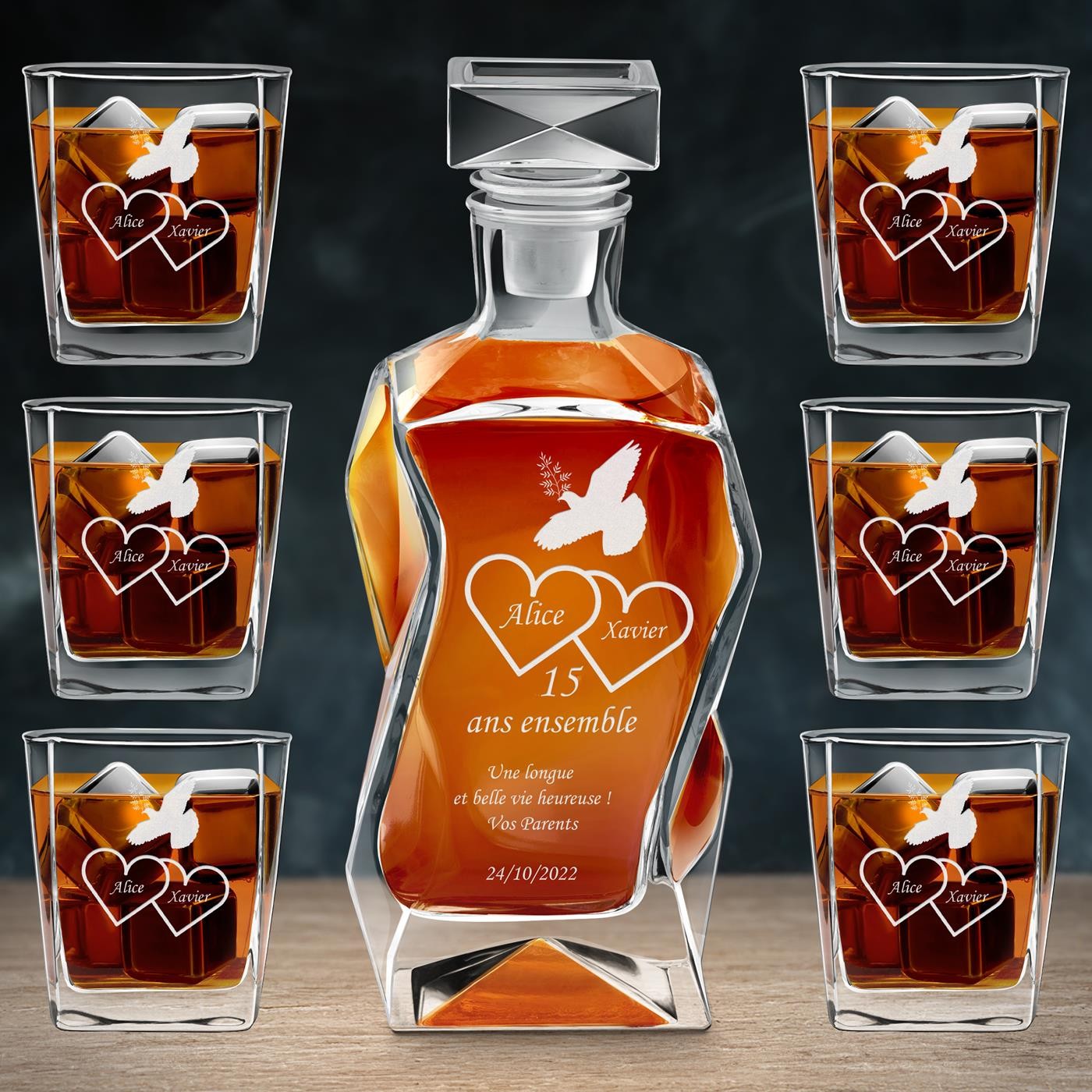 Set de jarra curva Murrano y 6 vasos con grabado para pareja - 15º aniversario de boda