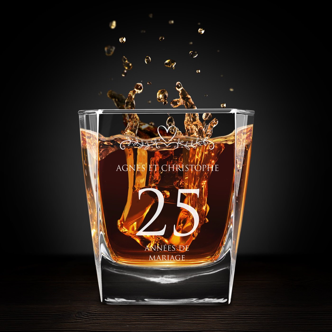 Copa de whisky láser grabada Murrano para el 25º aniversario de bodas