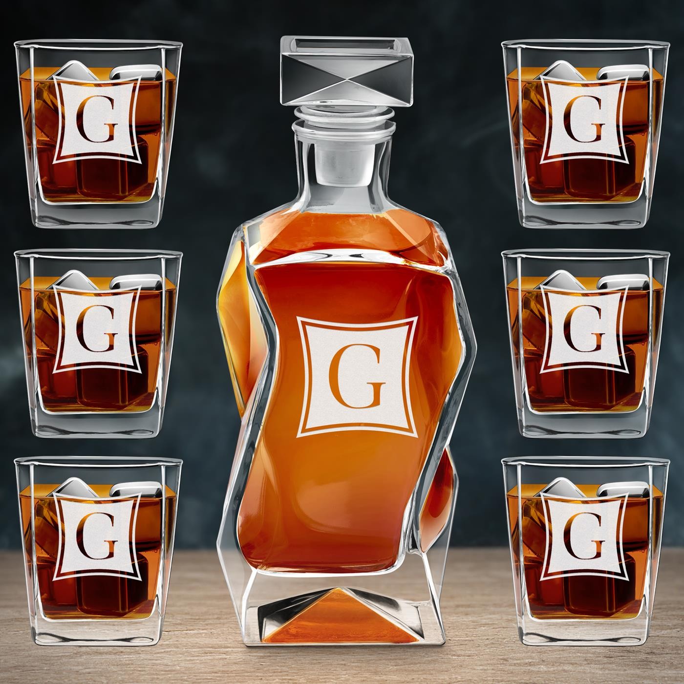 Set de jarra curva Murrano y 6 vasos con grabado láser de una inicial para él o ella