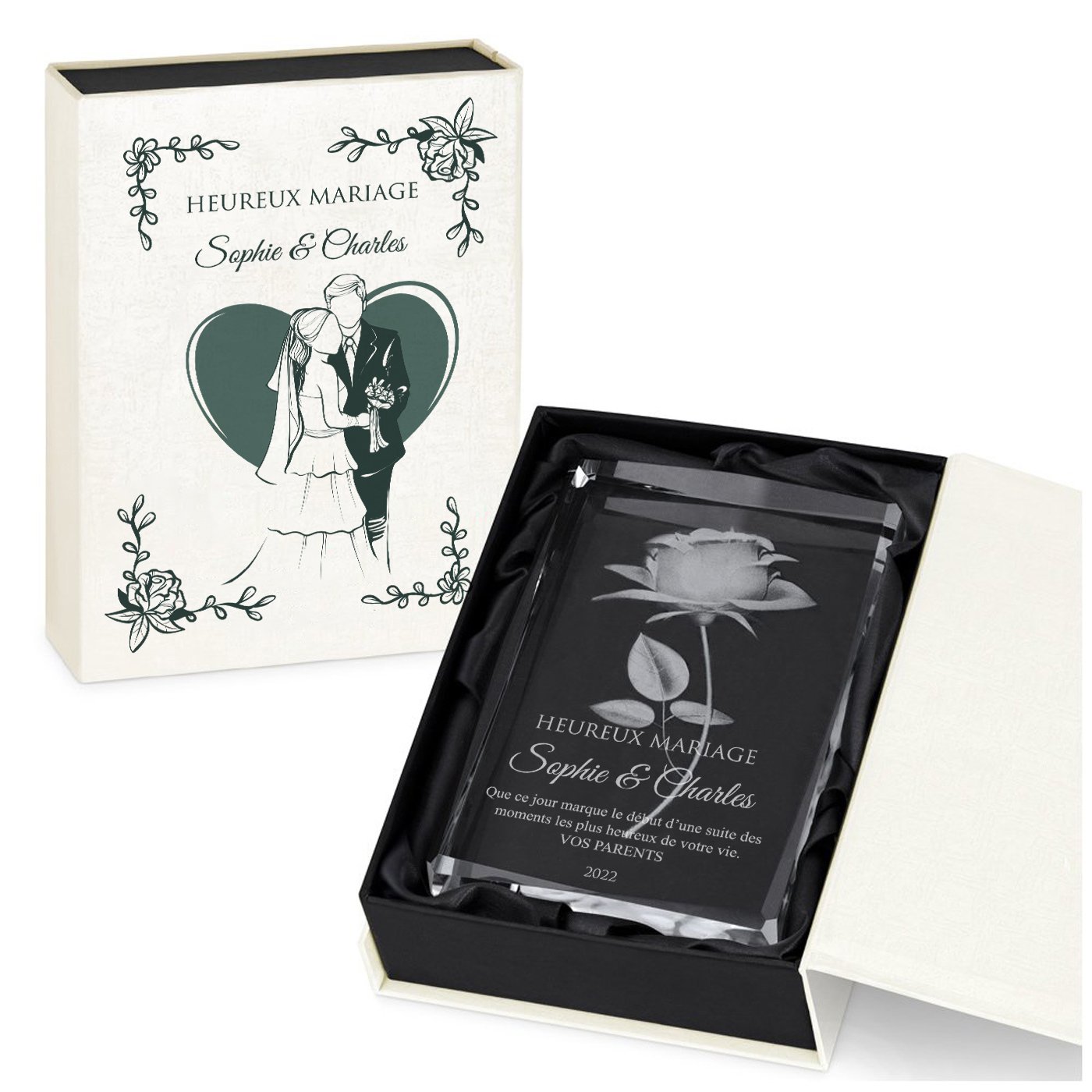 Murrano Crystal Rose Statue with Custom Box for Couple's Wedding