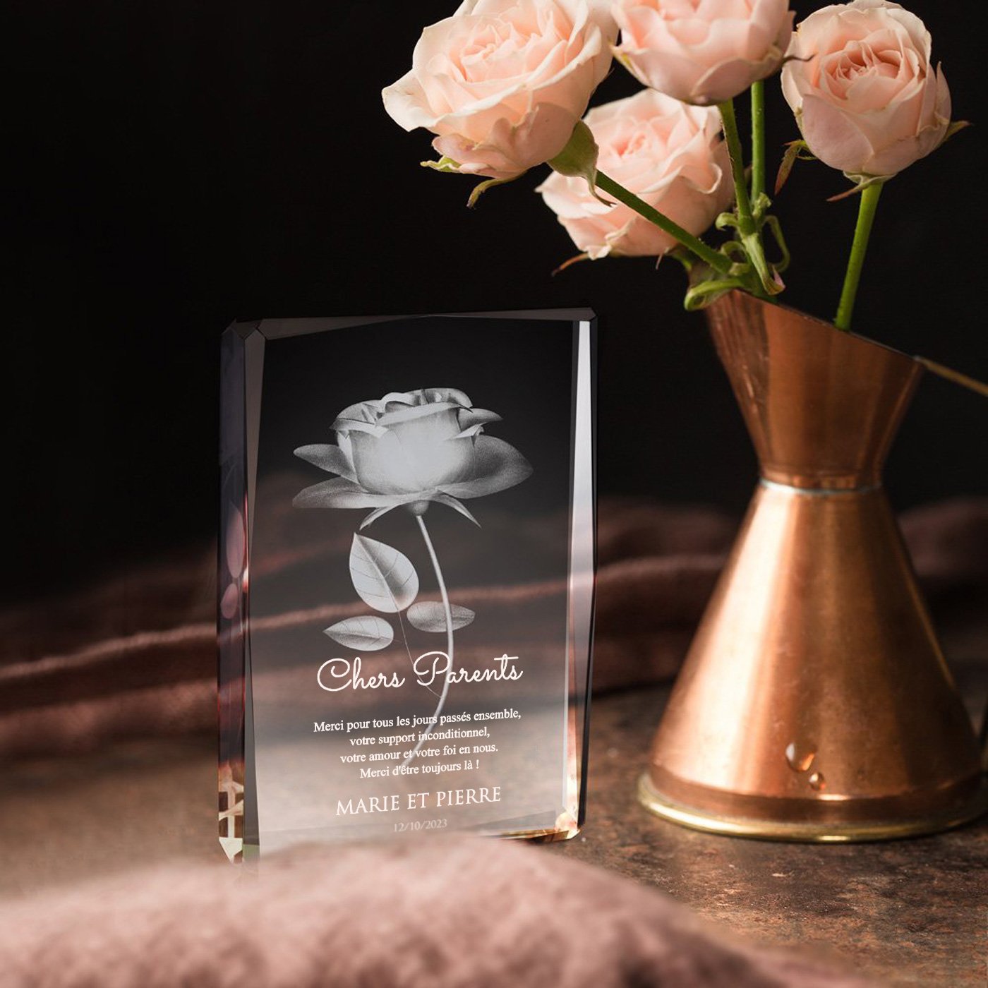 Murrano Crystal Rose Statuette with Personalized Box for Parents' Thank You