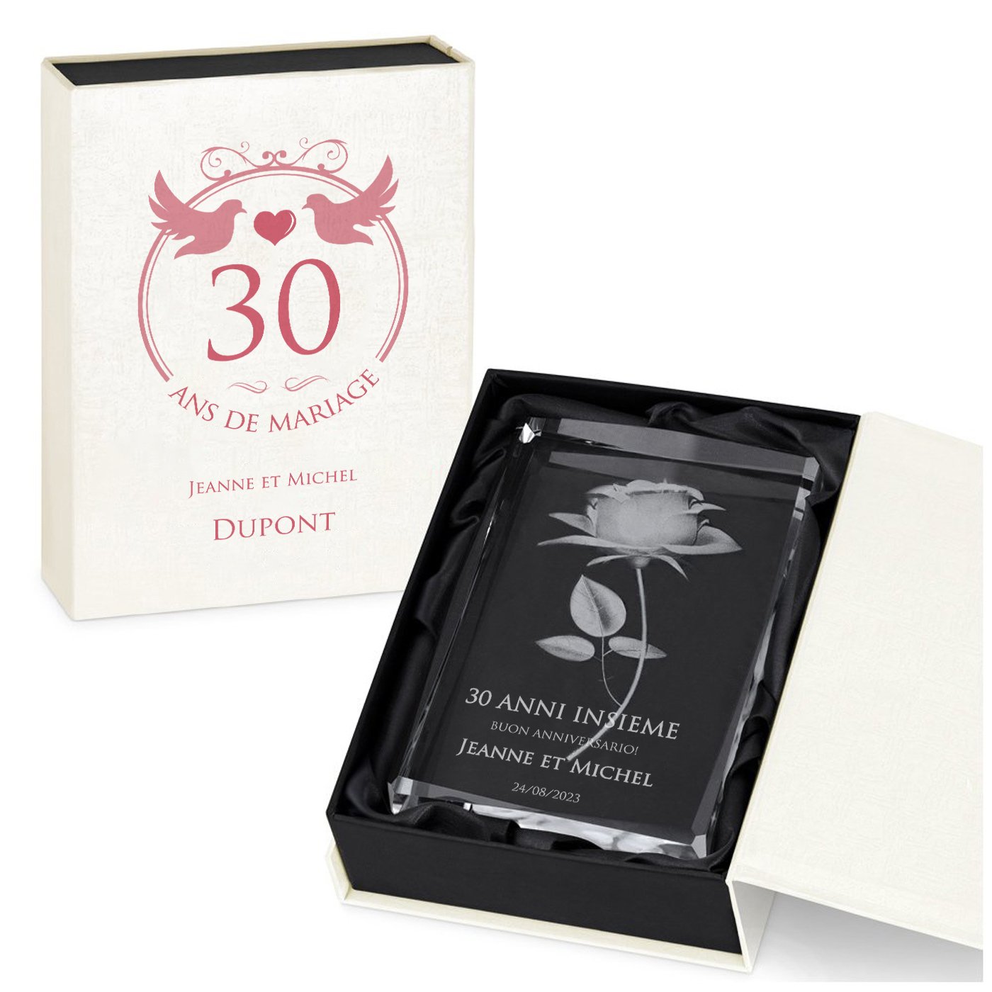 Figura de cristal Murrano con rosa grabada para el 30º aniversario de bodas