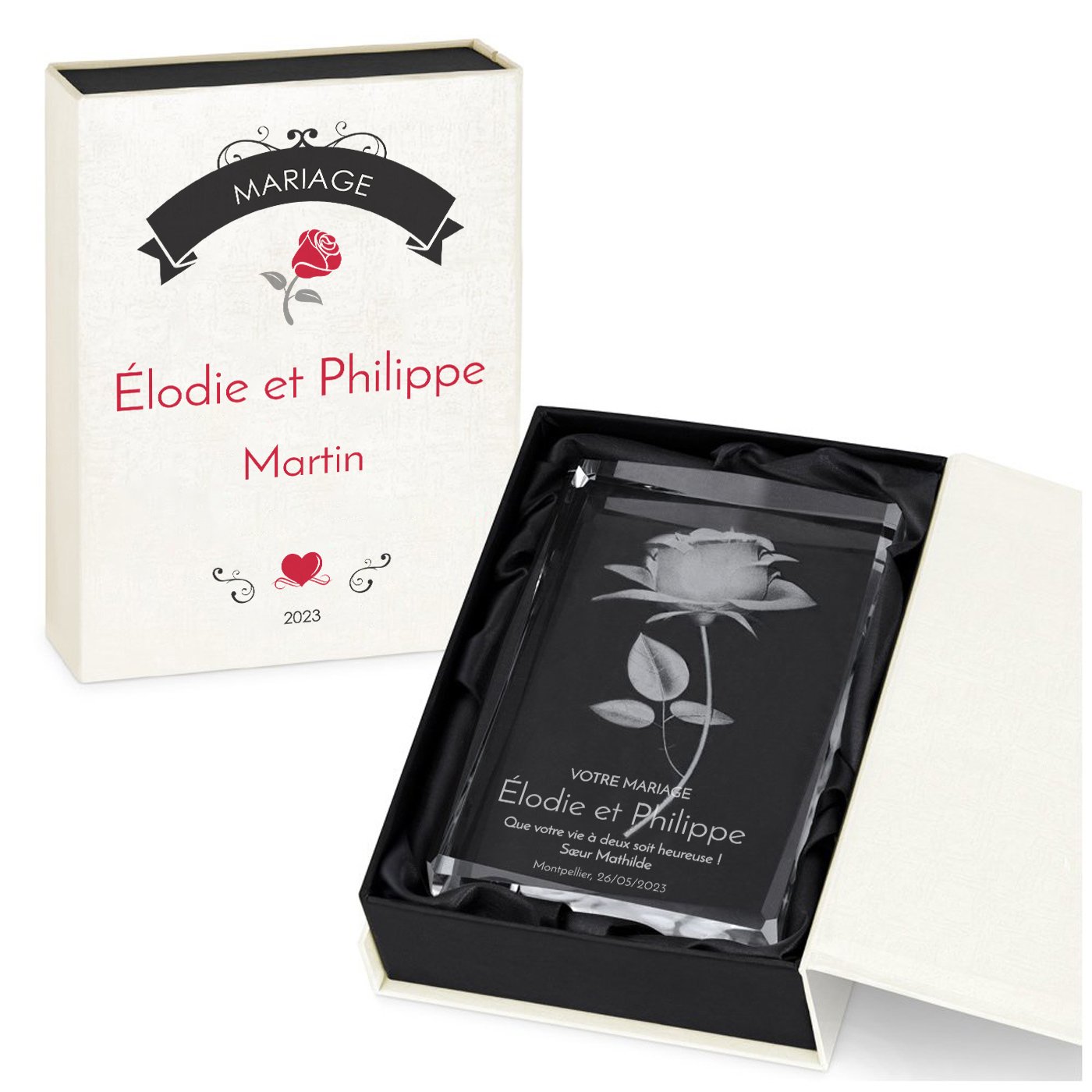 Statuette en cristal Murrano avec rose gravée dans un coffret personnalisé pour amis ou mariage