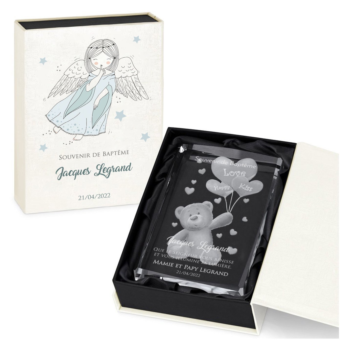 Estatua de cristal Murrano con oso grabado en una caja personalizada para el bautismo de un niño