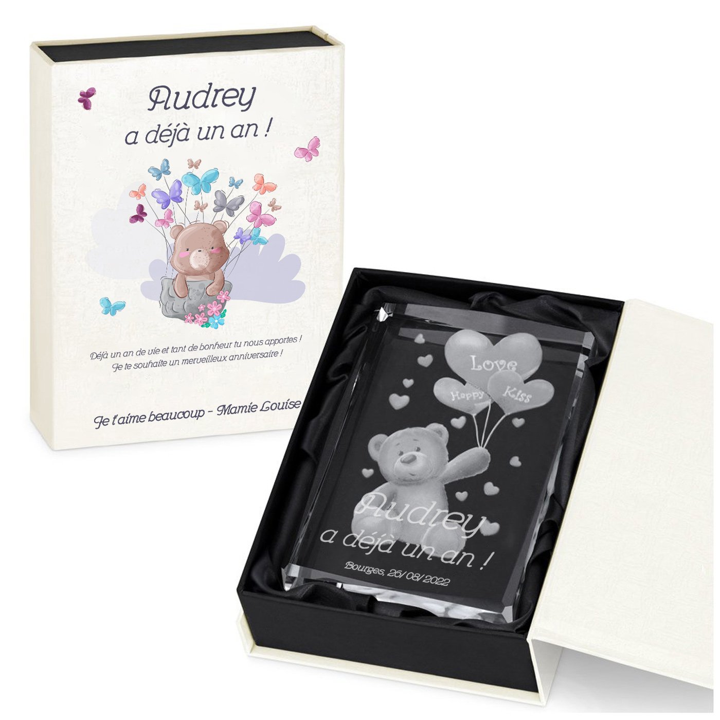 Estatua de cristal Murrano con oso grabado en caja personalizada para niña de 1 año