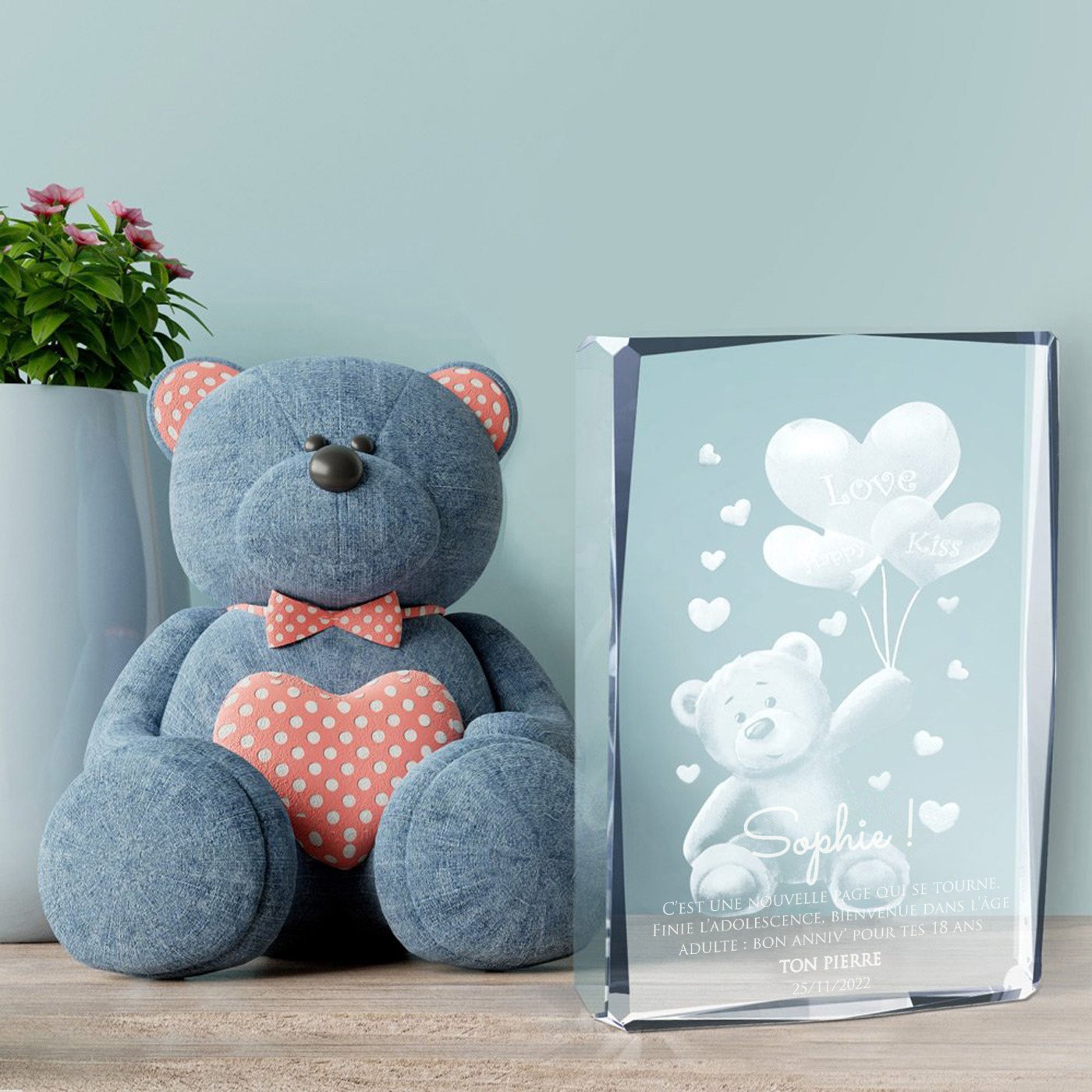 Estatua de cristal Murrano con osos grabados en una caja personalizada para el cumpleaños número 18 de una niña
