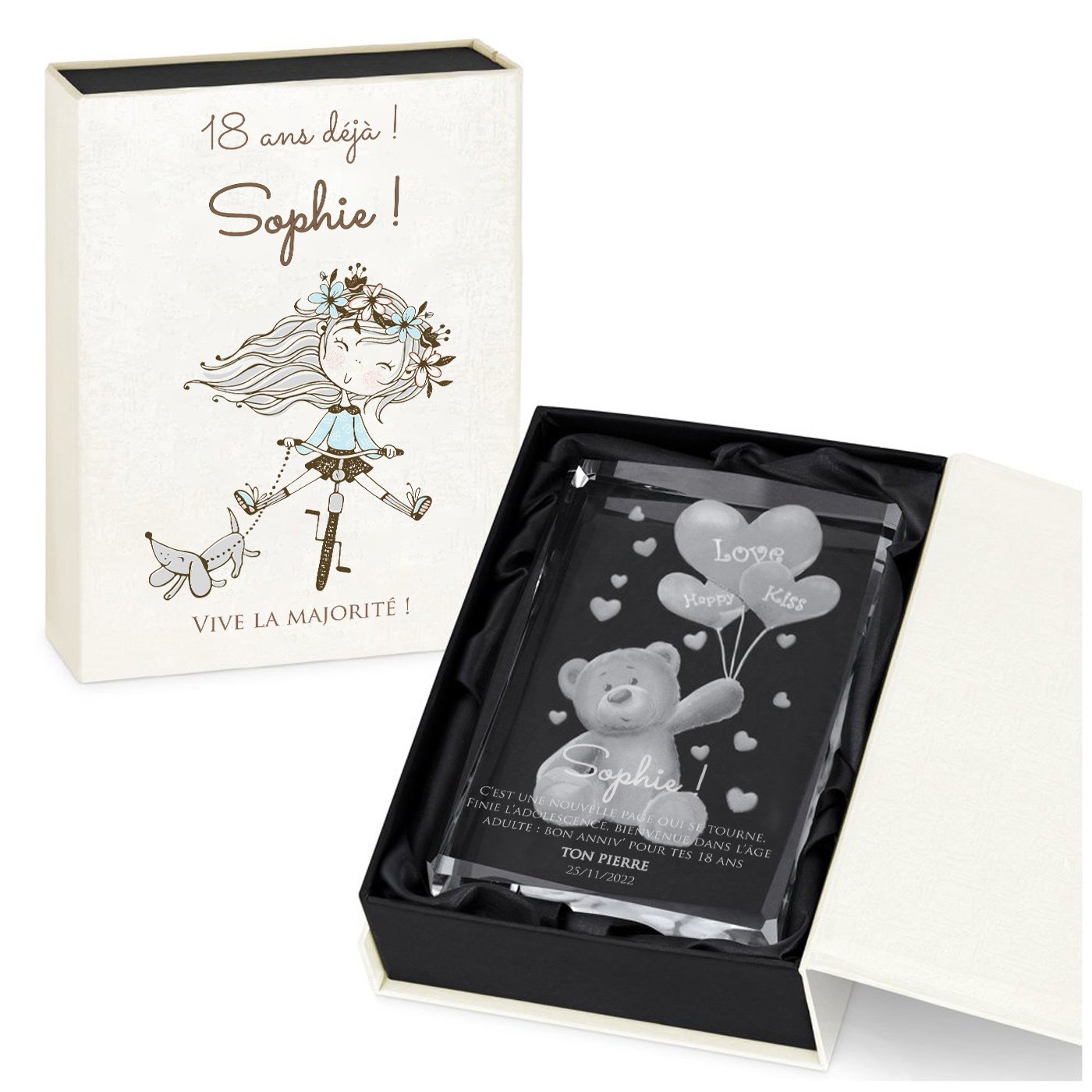 Estatua de cristal Murrano con osos grabados en una caja personalizada para el cumpleaños número 18 de una niña