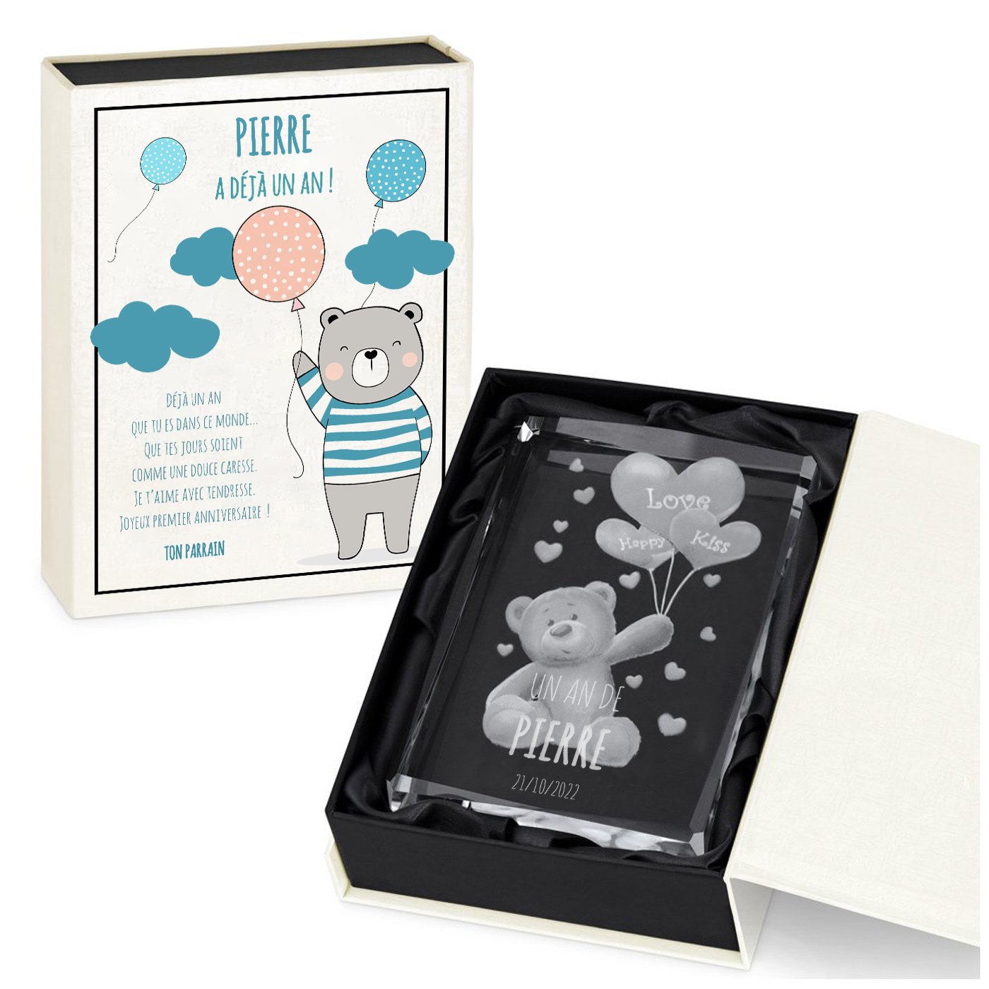 Figura de cristal Murrano con oso grabado en caja personalizada para niño de 1 año
