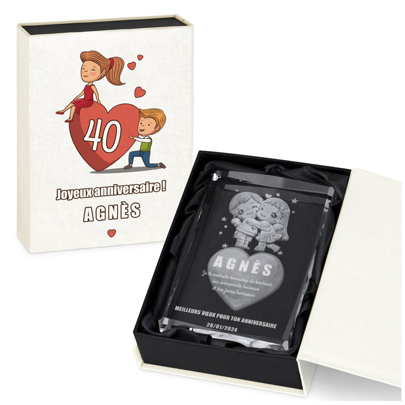 Bloque de vidrio con corazón 3D en caja personalizada para ella, 40º aniversario