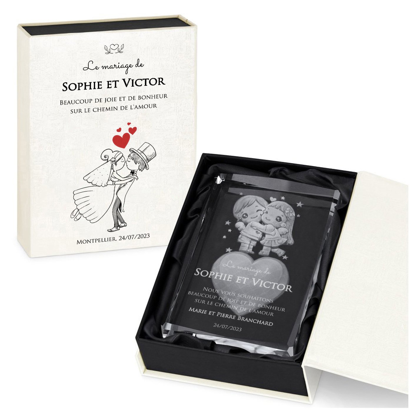 Bloque de vidrio con forma de corazón y diseño 3D en una caja personalizada de Murrano - El regalo perfecto para una pareja por boda, mudanza o aniversario