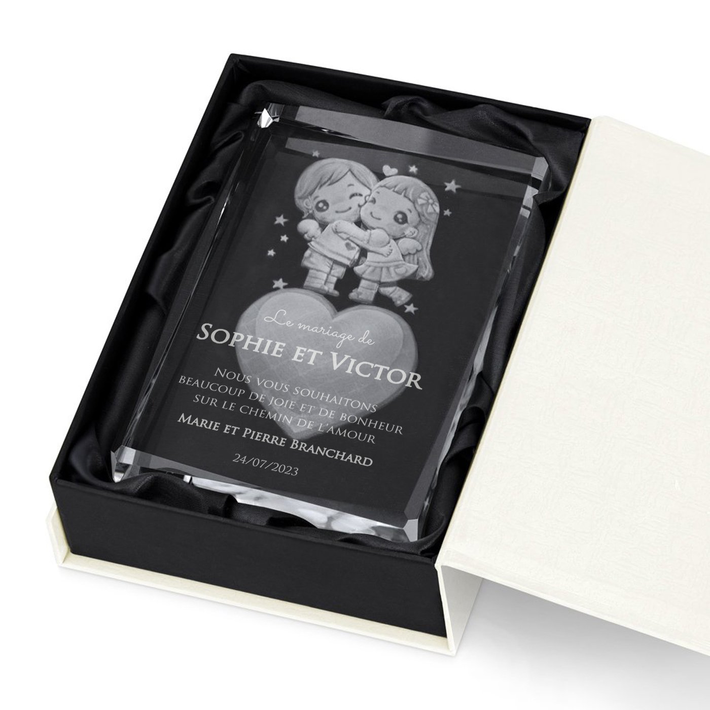 Bloque de vidrio con forma de corazón y diseño 3D en una caja personalizada de Murrano - El regalo perfecto para una pareja por boda, mudanza o aniversario