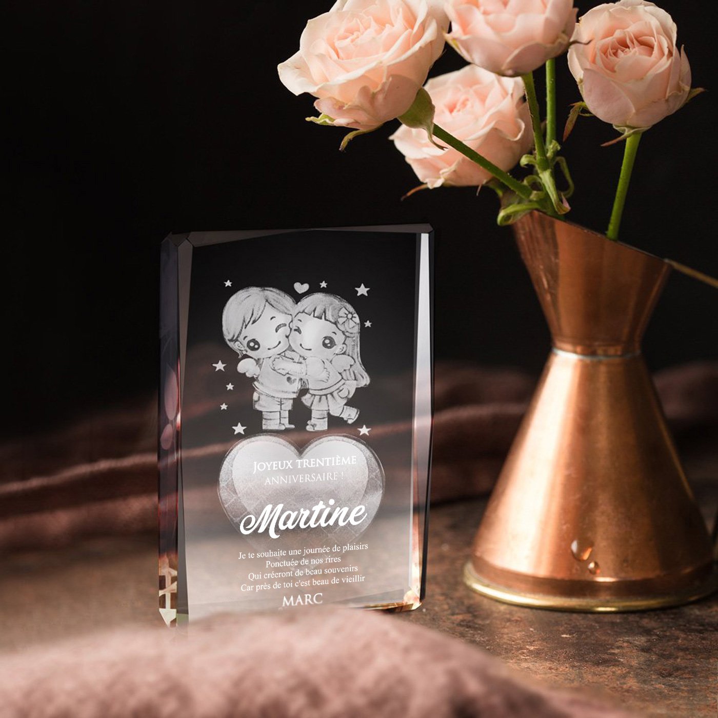 Bloque de vidrio con corazón 3D en caja personalizada para su cumpleaños número 30