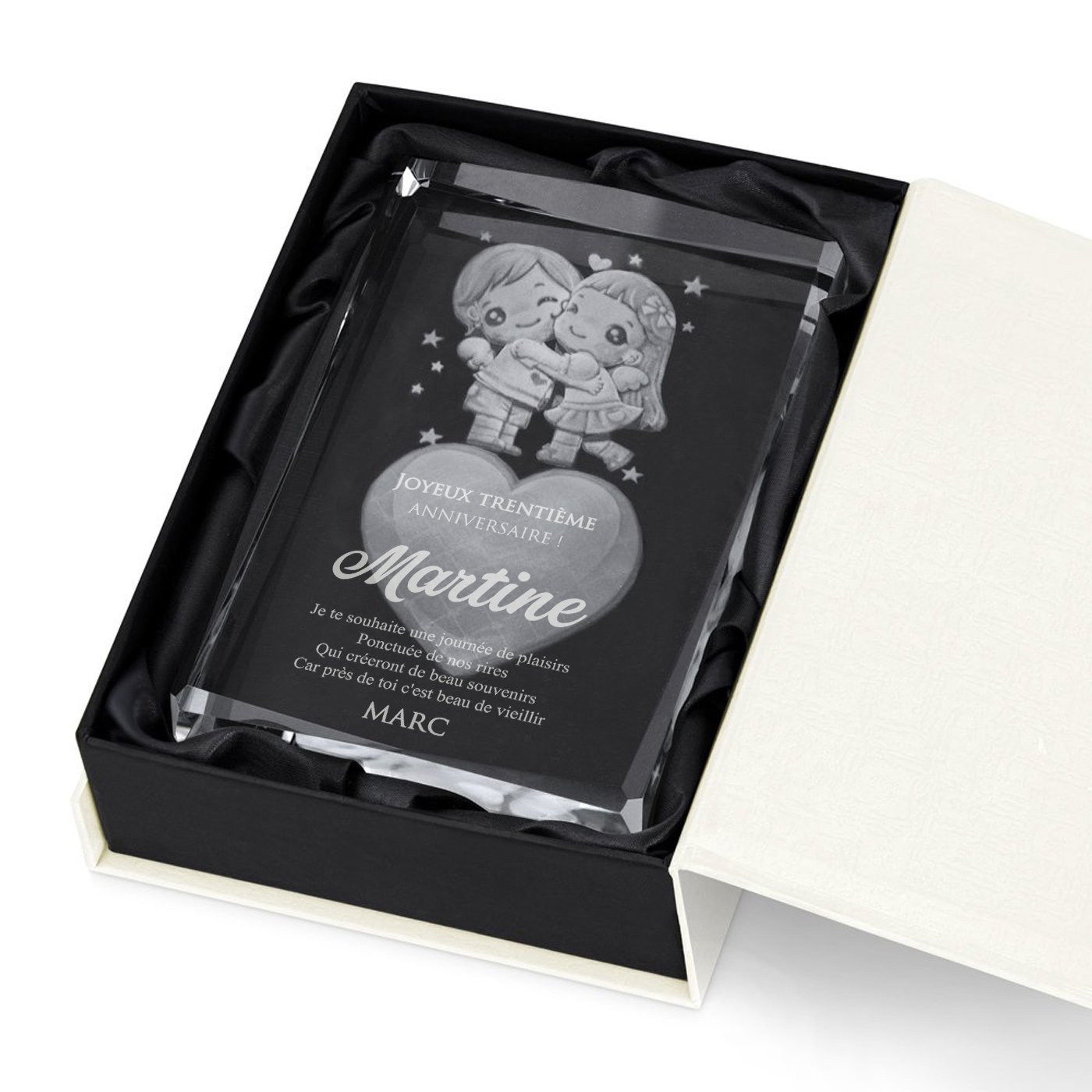 Bloque de vidrio con corazón 3D en caja personalizada para su cumpleaños número 30