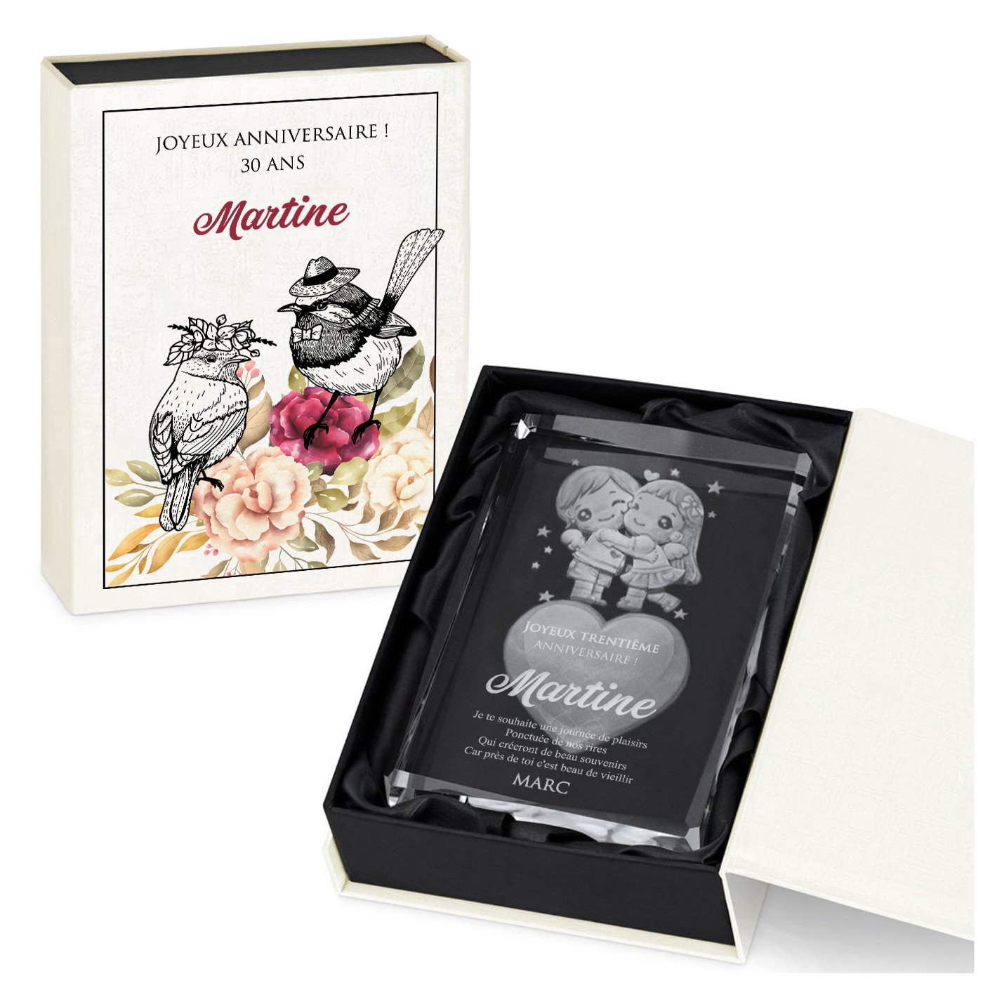 Bloque de vidrio con corazón 3D en caja personalizada para su cumpleaños número 30