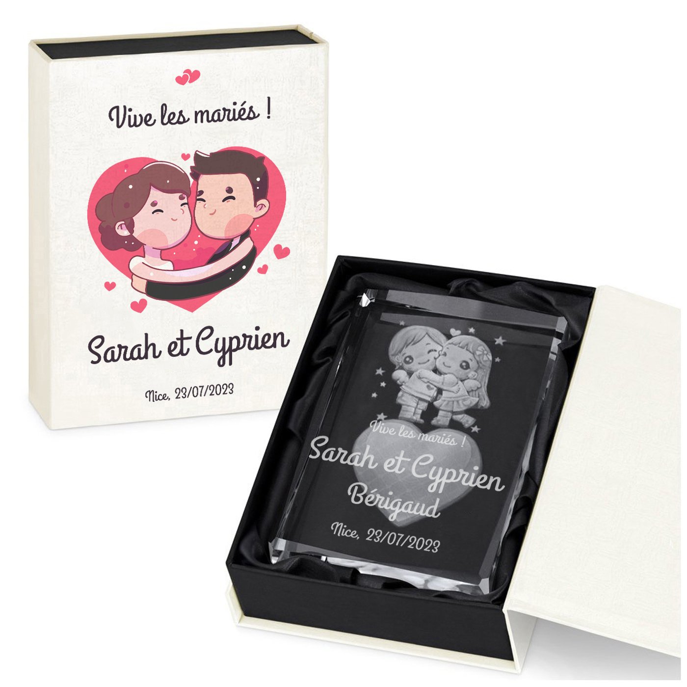 Bloque de vidrio con corazón 3D en caja personalizada Murrano