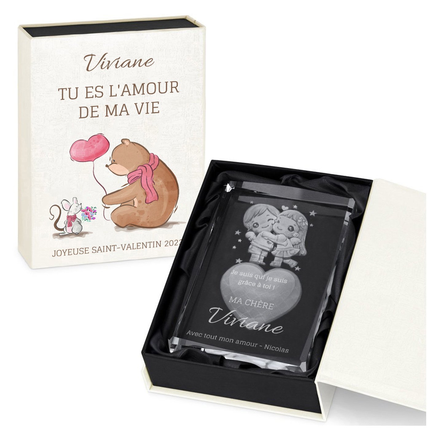 Bloque de vidrio con corazón 3D en caja personalizada para esposa, Día de San Valentín