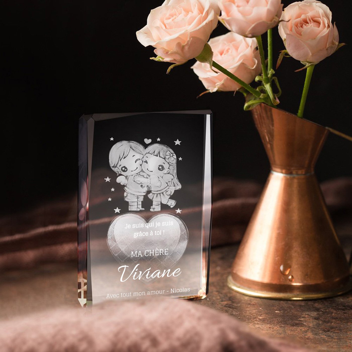 Bloque de vidrio con corazón 3D en caja personalizada para esposa, Día de San Valentín