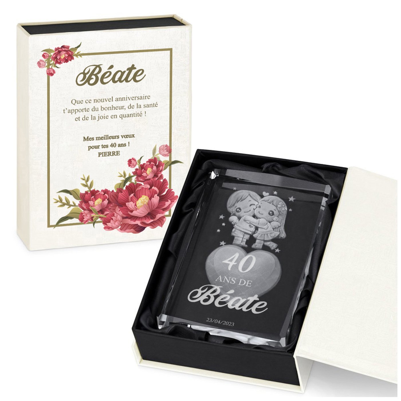 Murrano 3D Heart Glass Block in Customized Box for Woman's 40th Anniversary