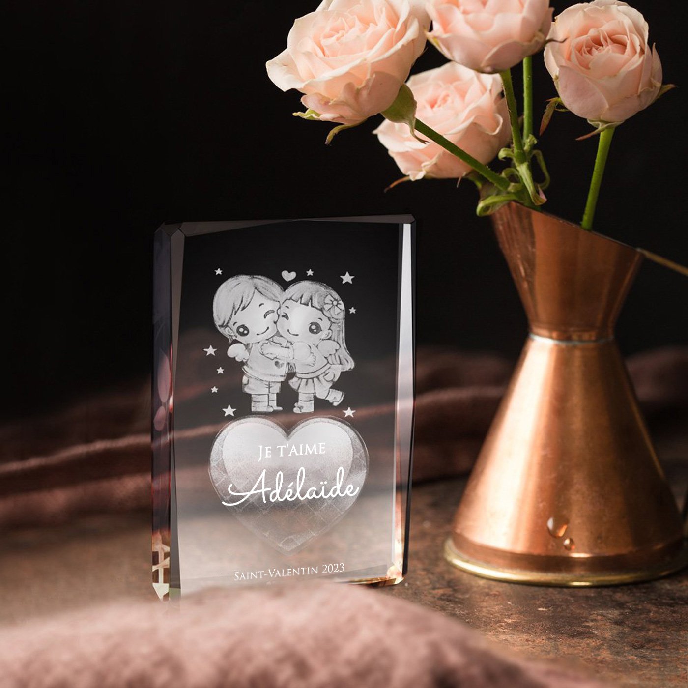 Bloc de verre avec cœur 3D de Murrano dans une boîte personnalisée