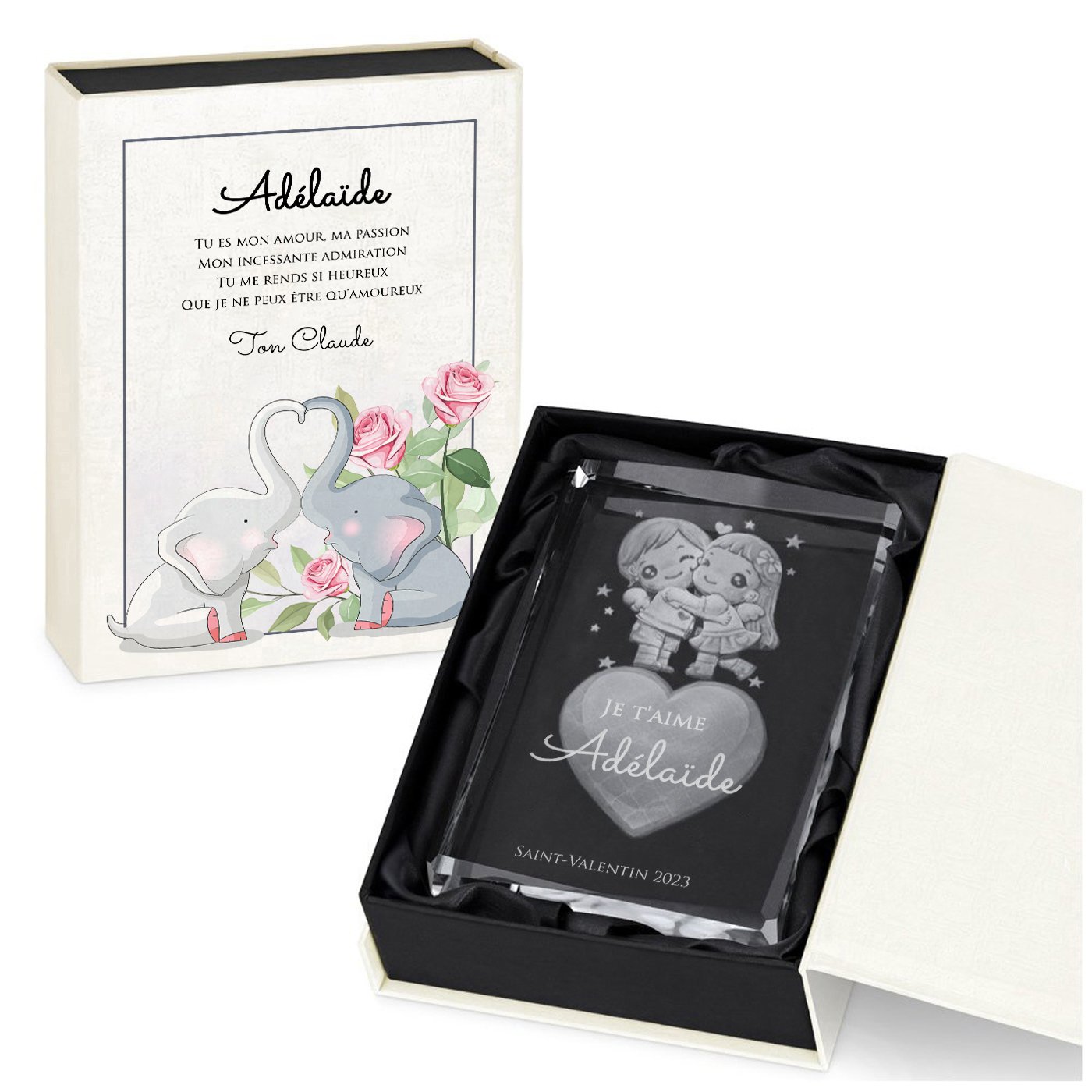 Bloque de vidrio con corazón 3D de Murrano en caja personalizada