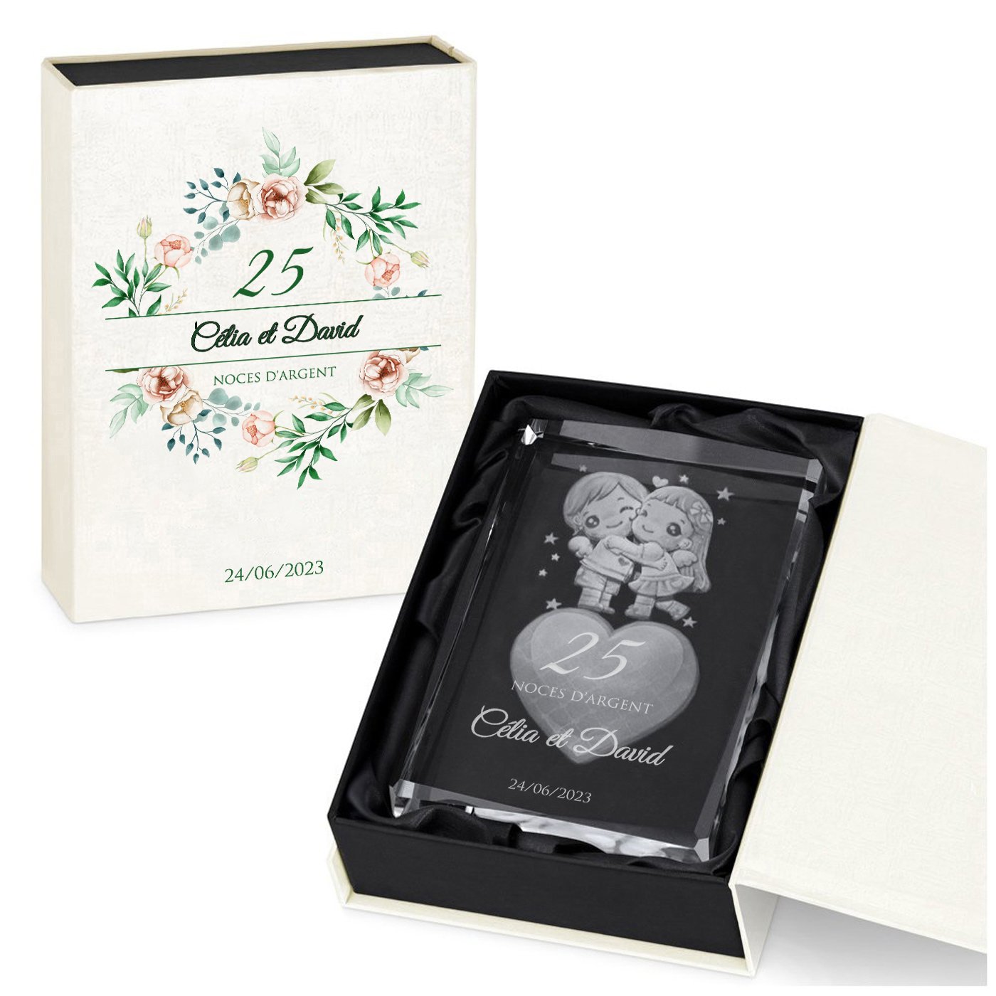 Bloque de vidrio con corazón 3D en estuche personalizado para la fecha del aniversario de bodas