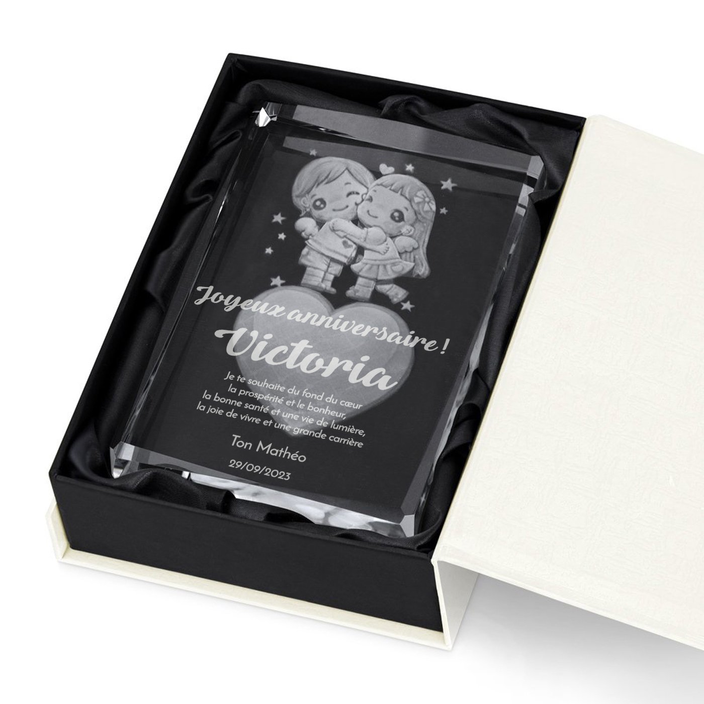 Bloque de vidrio con corazón 3D en caja personalizada para ella, cumpleaños 18 años
