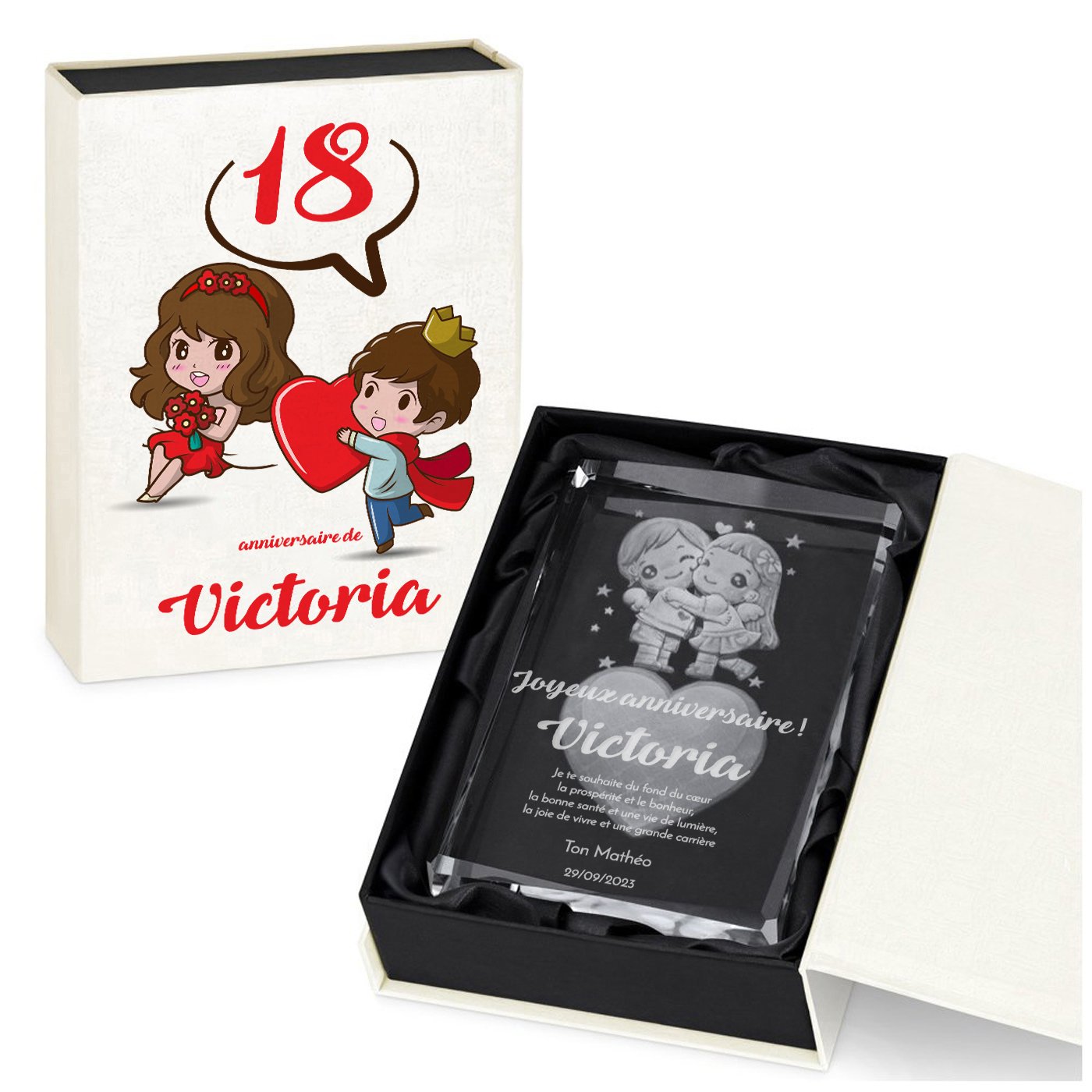 Bloque de vidrio con corazón 3D en caja personalizada para ella, cumpleaños 18 años