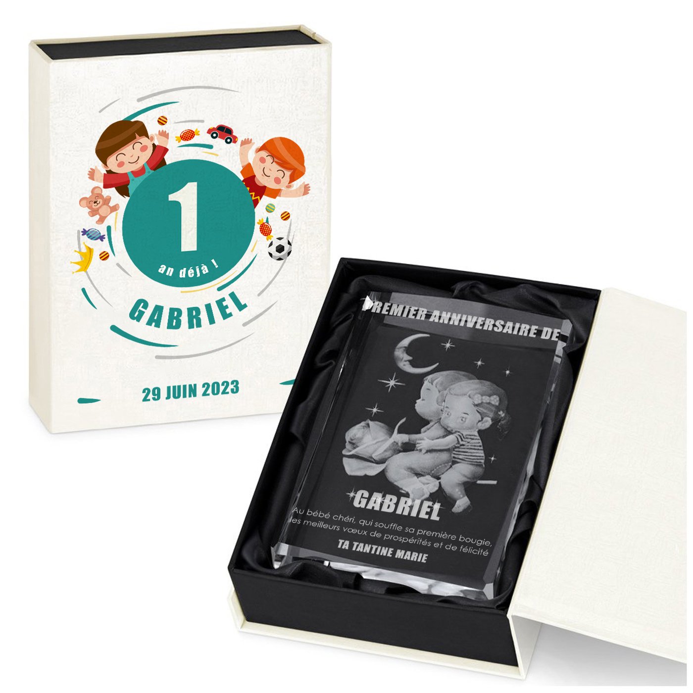 Estatuilla de cristal Murrano con grabado en 3D en caja personalizada para niño de 1 año