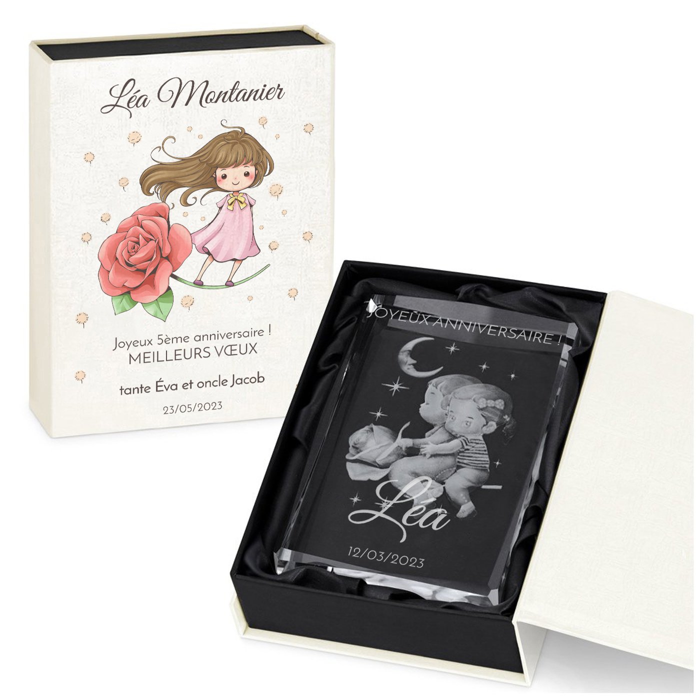 Figura de cristal Murrano con grabado en 3D en caja personalizada para el cumpleaños de una niña