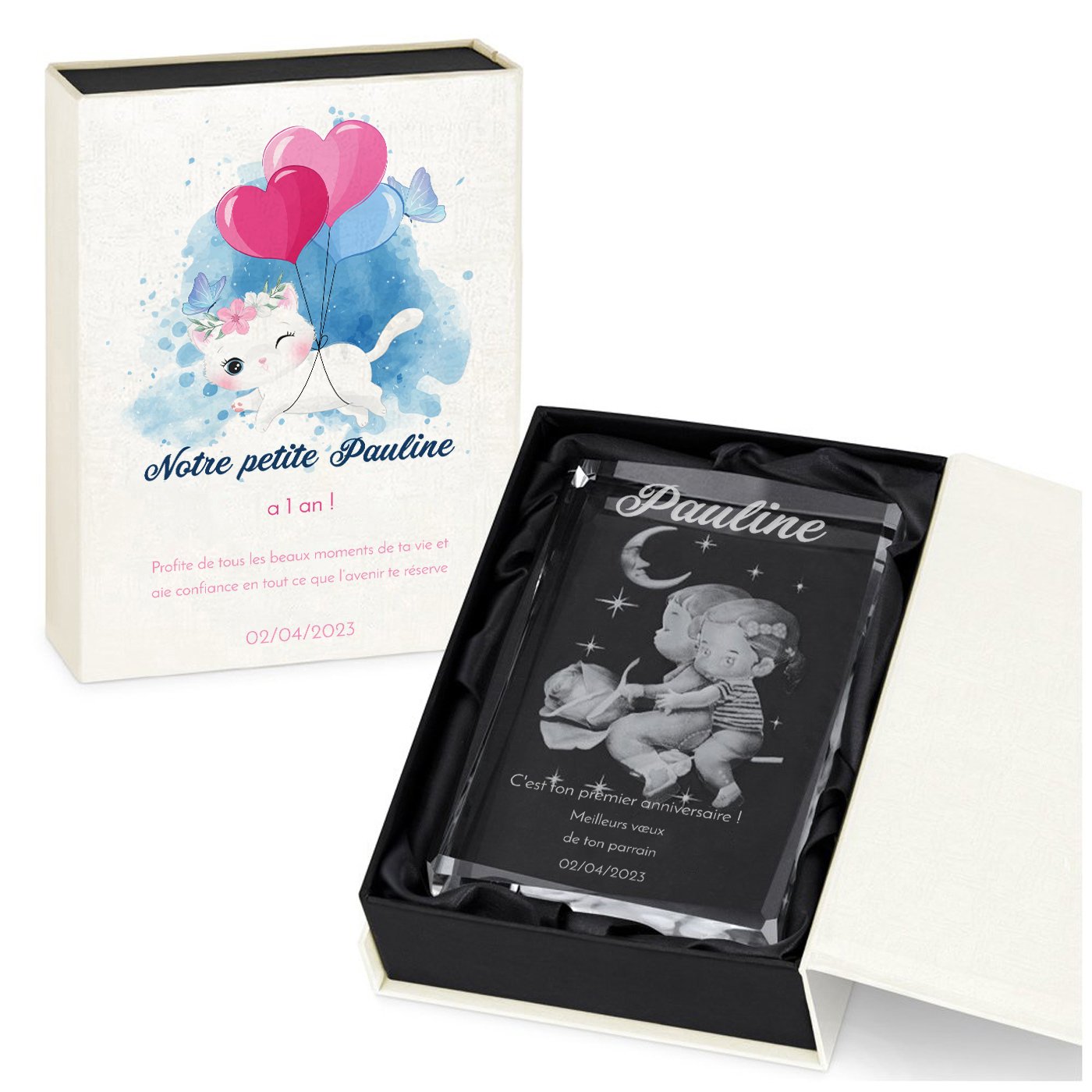 Figura de cristal Murrano con grabado 3D en caja personalizada para niña de 1 año