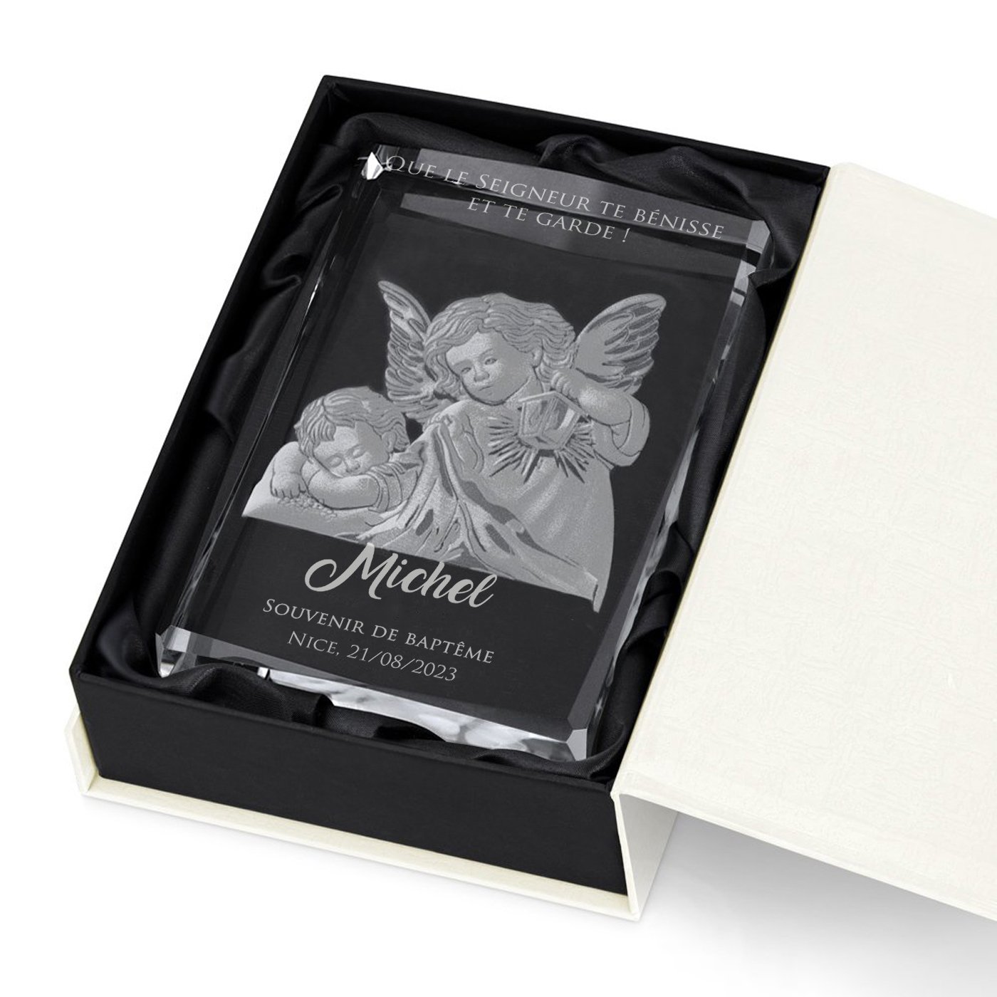 Figurine en cristal Murrano ange gardien avec boîte personnalisée pour le baptême d'un garçon