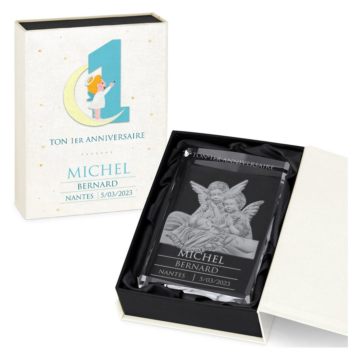 Figura de ángel de cristal Murrano con caja personalizada para primer cumpleaños