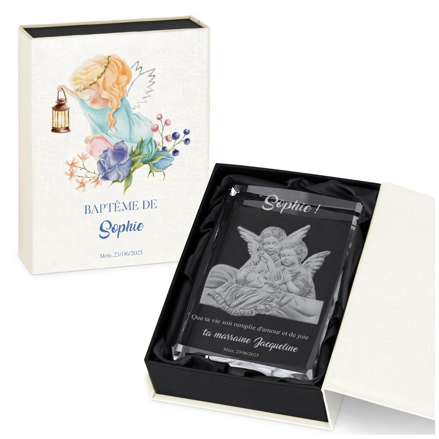 Figura de ángel de cristal de Murrano con grabado en una caja personalizada para el bautismo de un niño