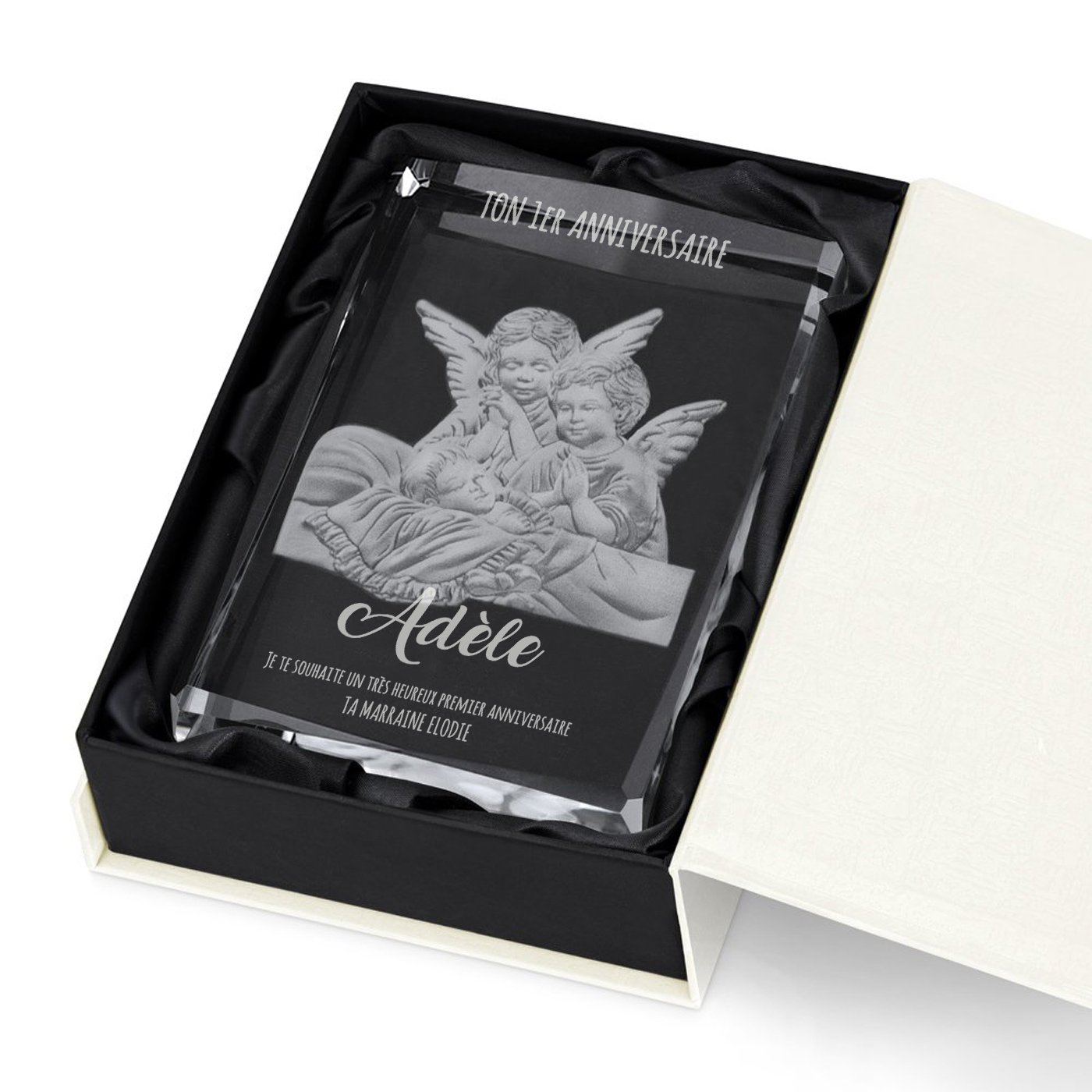 Figura de ángel de cristal Murrano con caja personalizada para el primer cumpleaños de bebé
