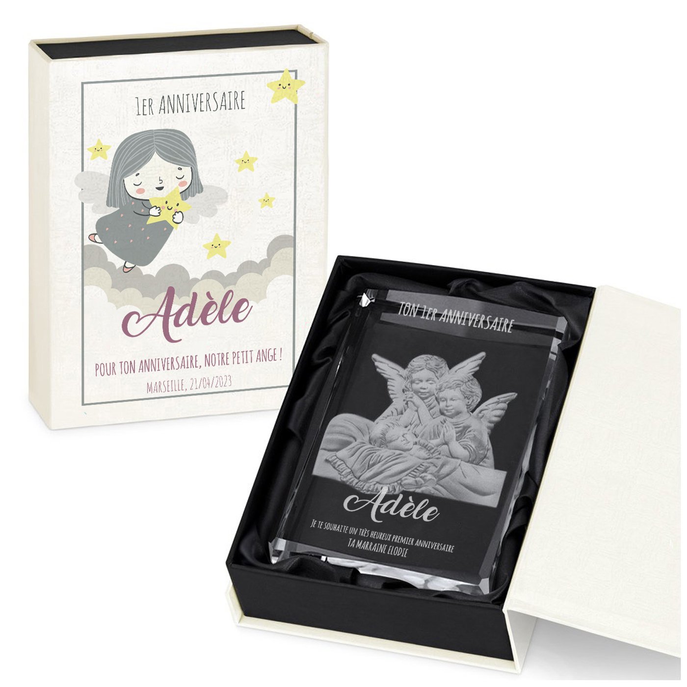 Figura de ángel de cristal Murrano con caja personalizada para el primer cumpleaños de bebé