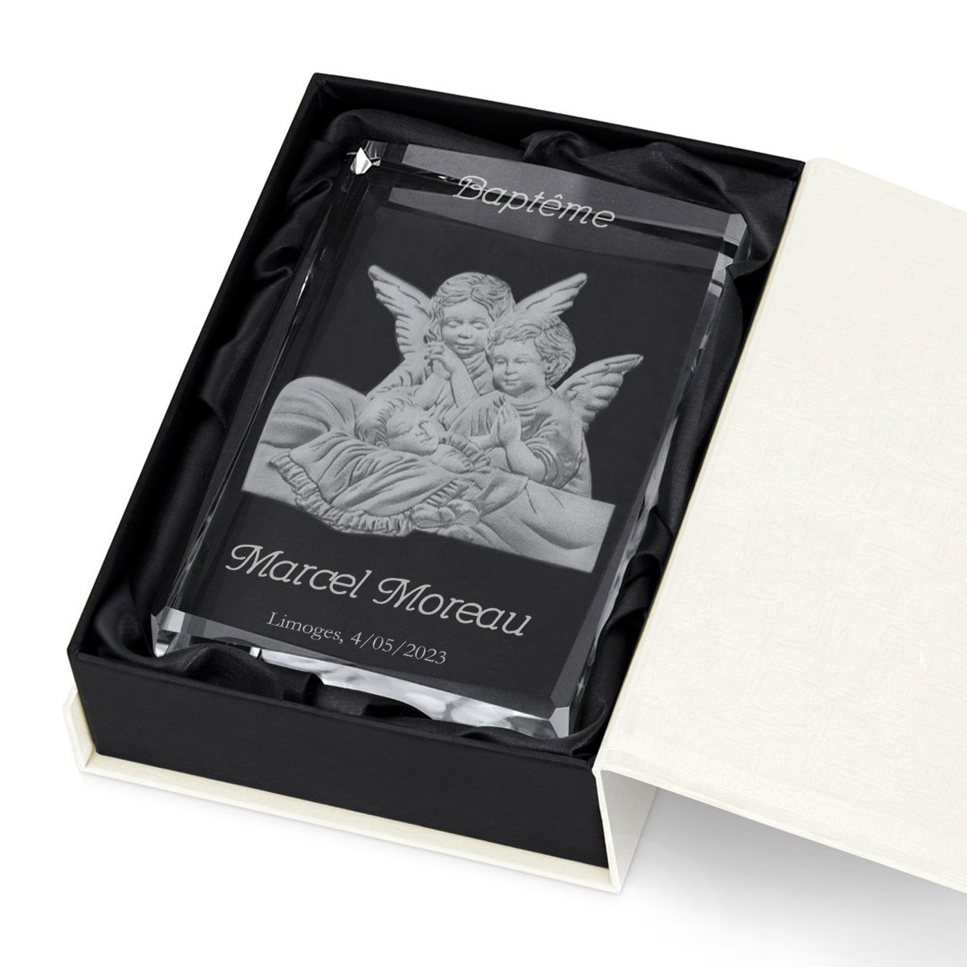 Statue en cristal de Murrano avec anges gravés dans un coffret souvenir personnalisé