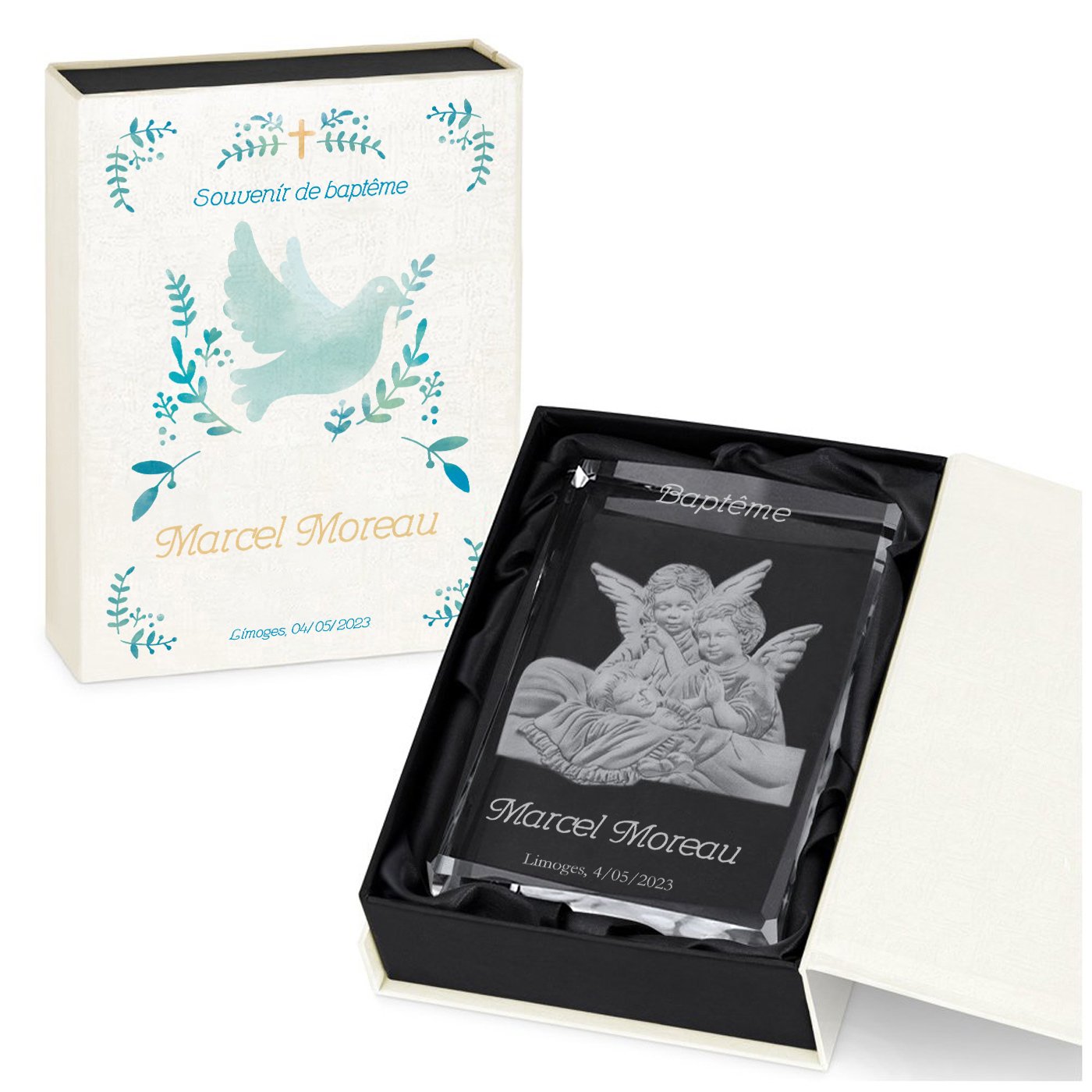 Figura de ángel de cristal de Murrano con grabación en una caja de recuerdo personalizada