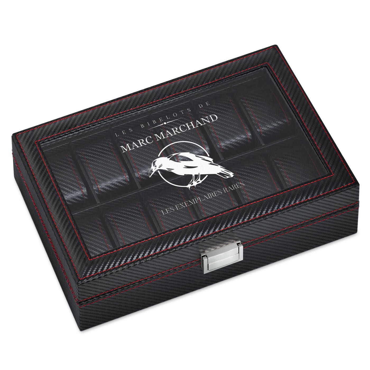 Caja de reloj negro de carbono Murrano con grabado para el cumpleaños de un hombre