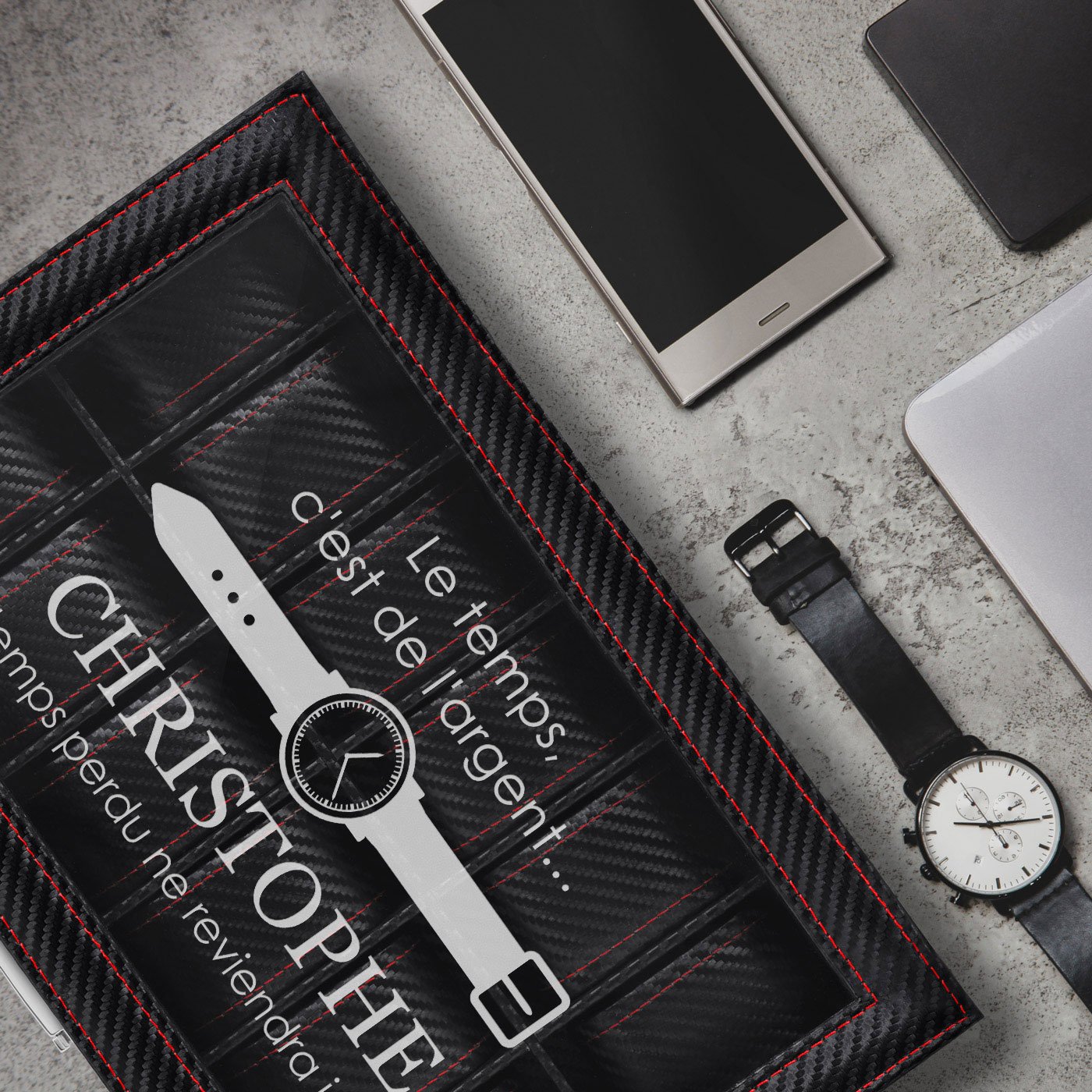 Boîte à montres en carbone noir Murrano avec gravure pour anniversaire