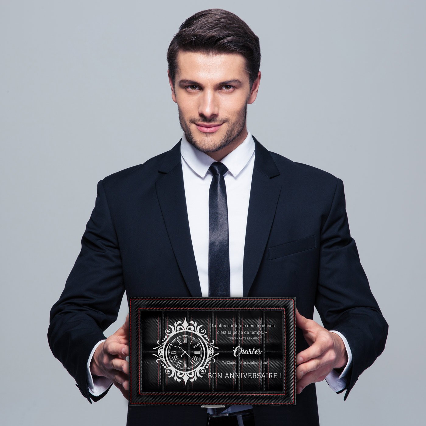 Boîte à montres Murrano en carbone noir personnalisée pour l'anniversaire ou la Saint-Valentin d'un mari