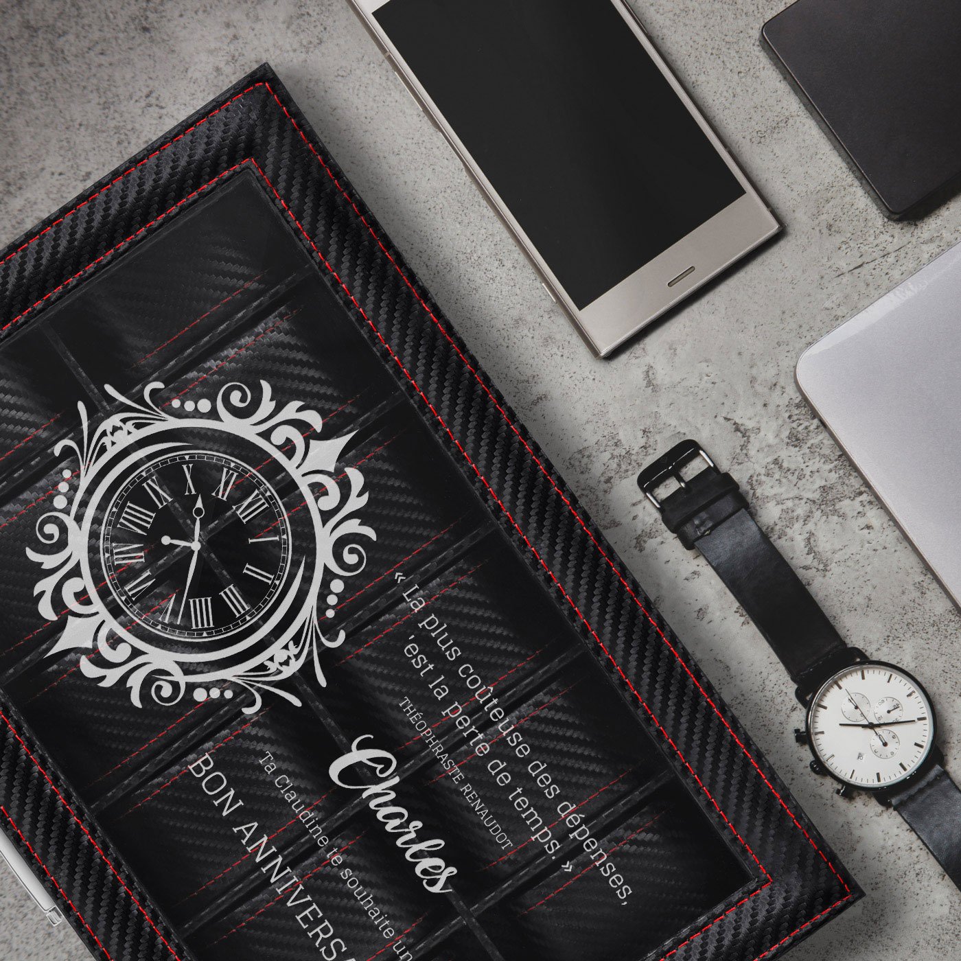 Boîte à montres Murrano en carbone noir personnalisée pour l'anniversaire ou la Saint-Valentin d'un mari