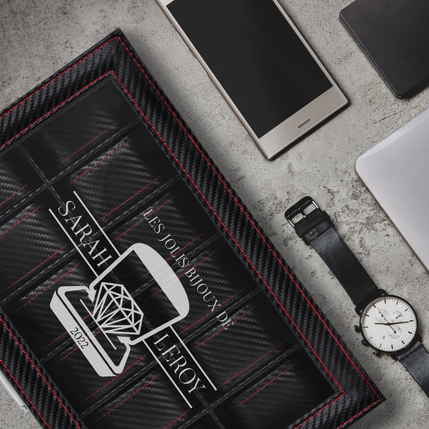 Murrano Personalized Black Carbon Watch Box for a Girlfriend's Birthday