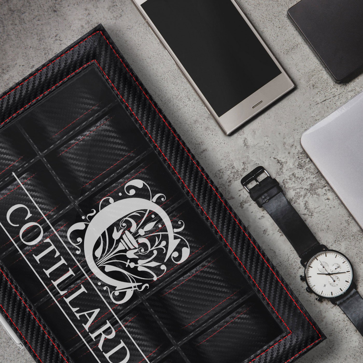 Caja de relojes personalizada de carbono negro Murrano para el cumpleaños de papá