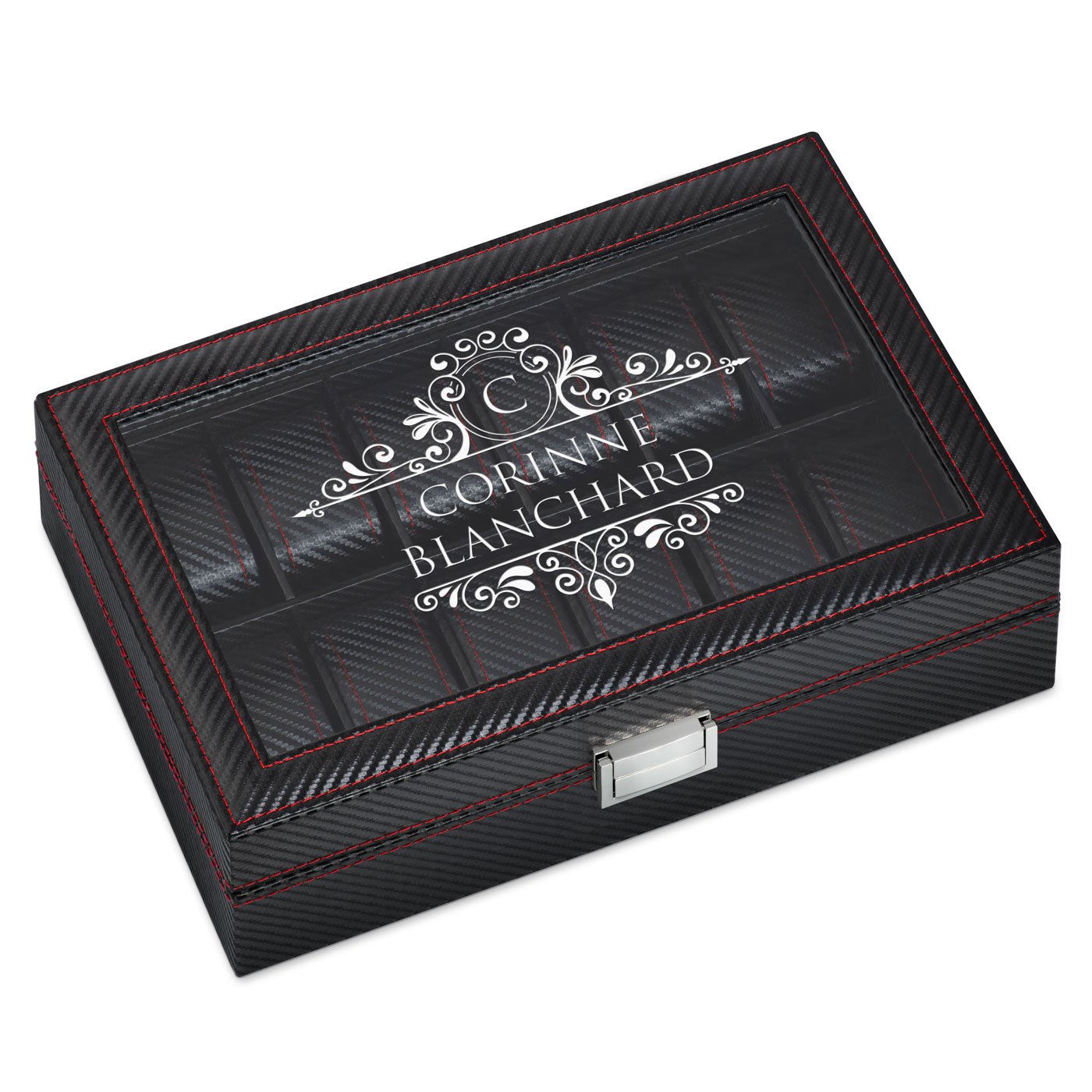 Caja para relojes Murrano negro de carbono con grabado para regalo de Día de San Valentín mujer