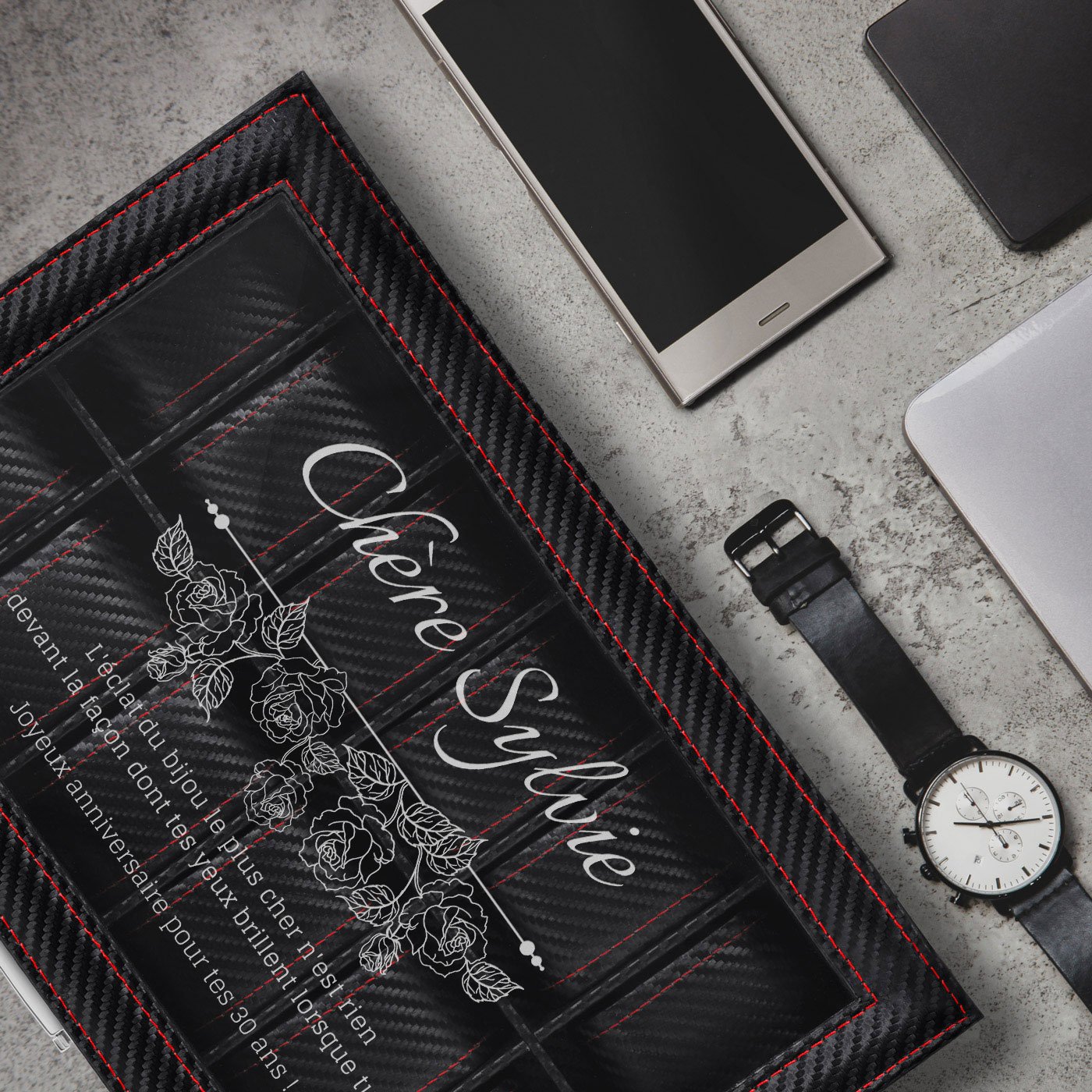 Caja de relojes personalizada de carbono negro Murrano para el 30º cumpleaños de una mujer